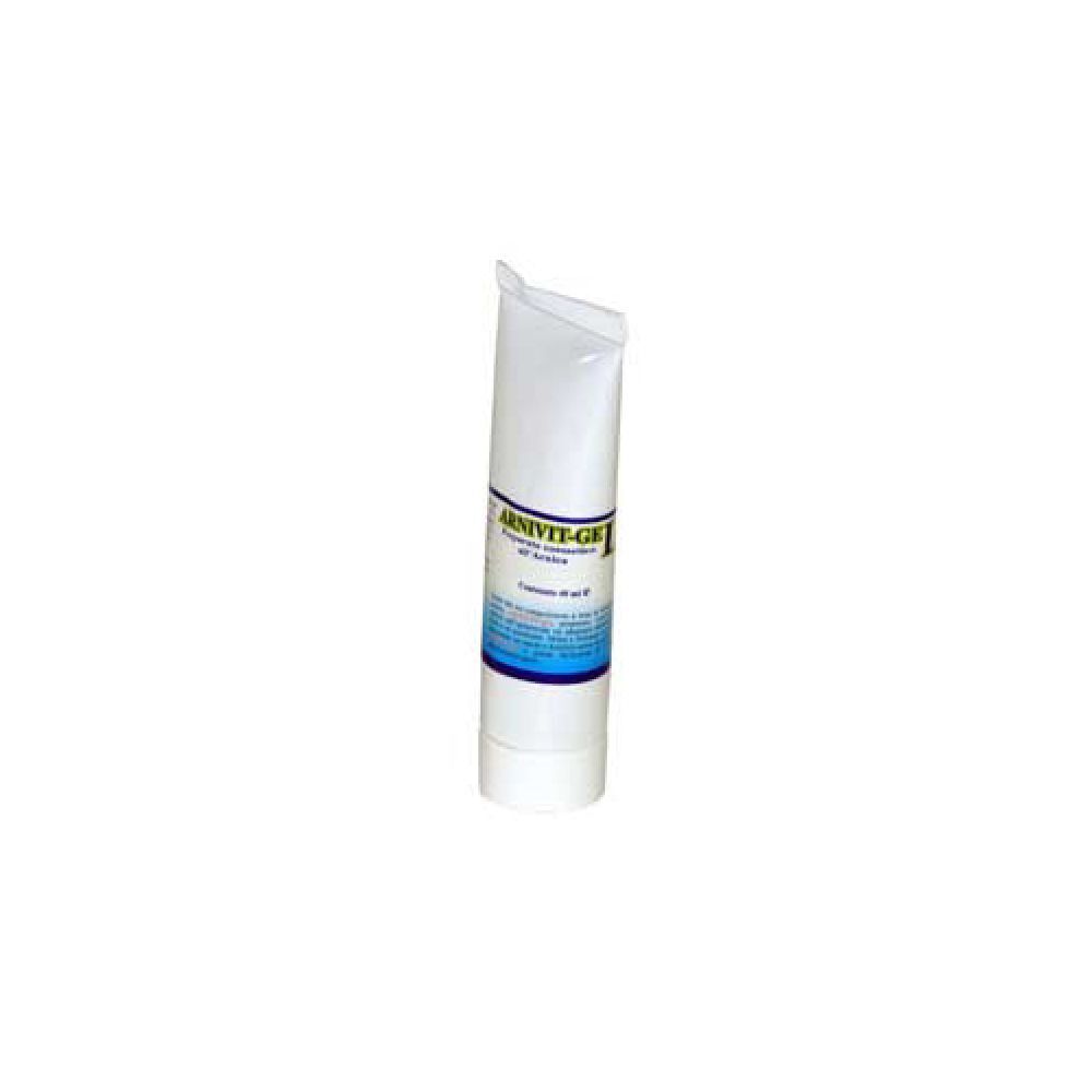 Tubo bianco con etichetta blu e gialla. Scritta: ARNIVIT-GEL. Contenuto 40 ml.