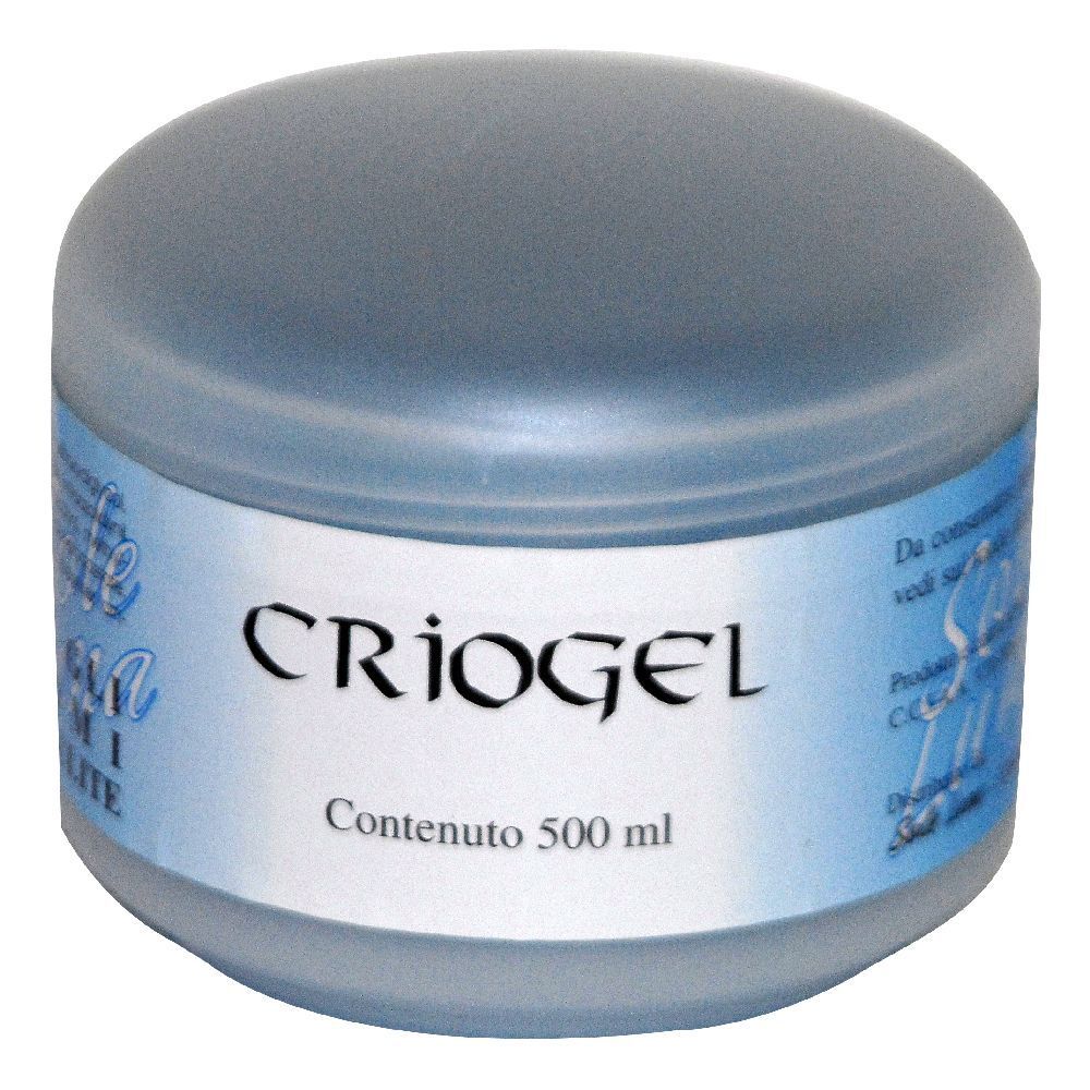 Barattolo cilindrico con coperchio. Scritta CRIO GEL e « Contenuto 500 ml ». Etichetta blu e bianca.