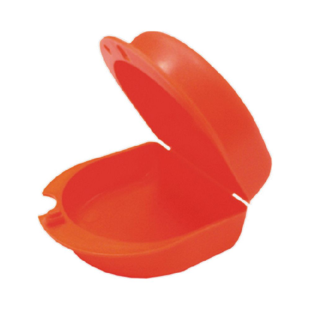 Contenitore arancione aperto per protesi dentali. Con coperchio e intaglio.