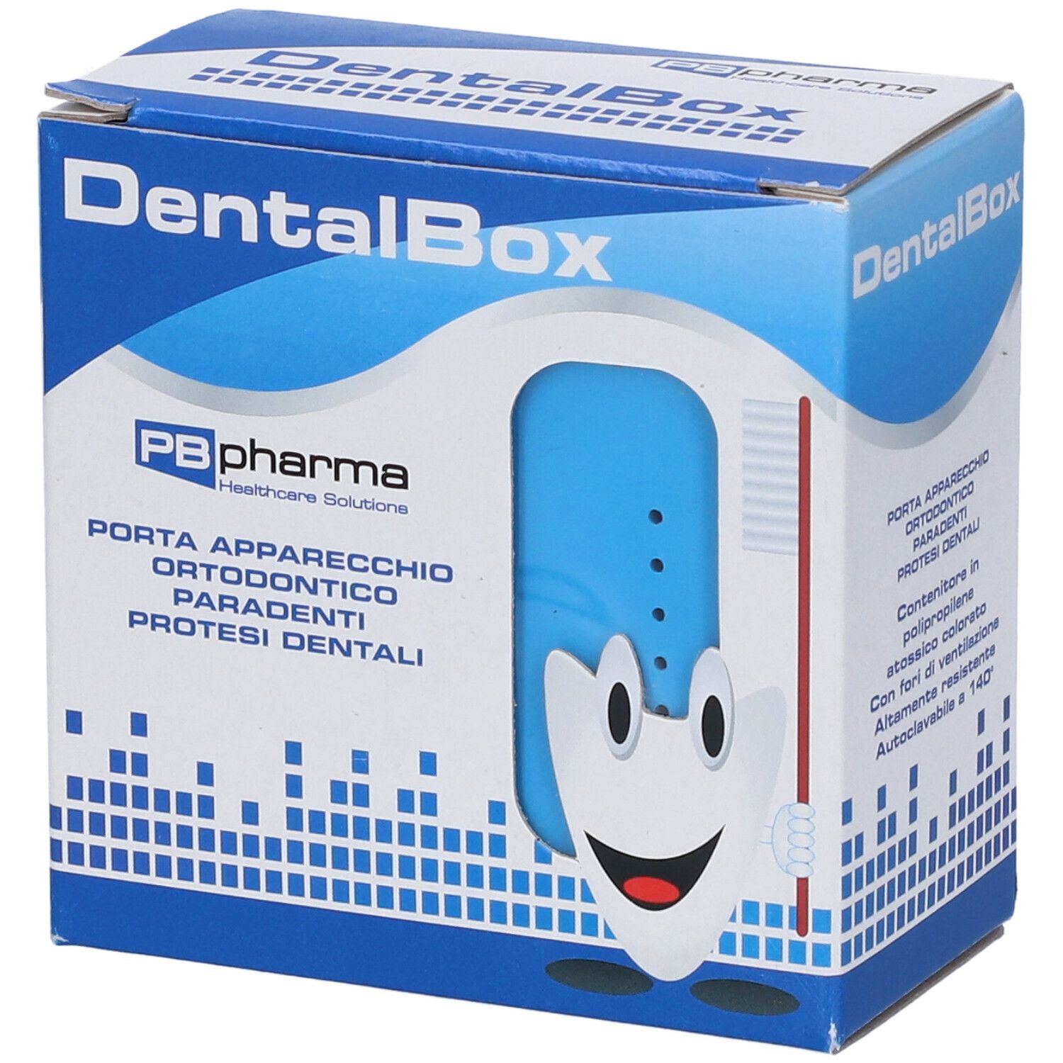 Confezione DentalBox. Scatola blu con immagine e testo. Marchio PB pharma.