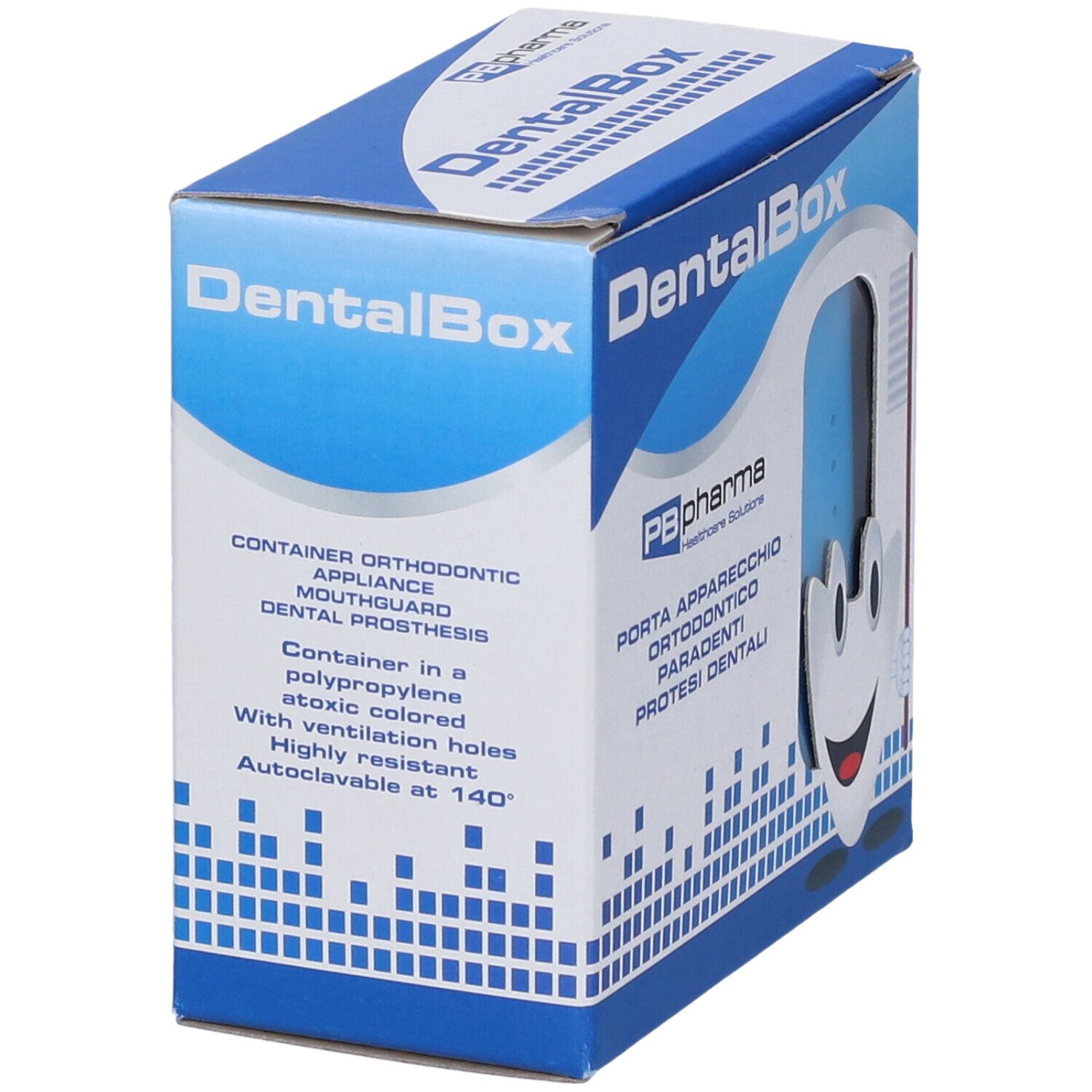Confezione DentalBox. Scatola blu con informazioni e logo PB pharma.