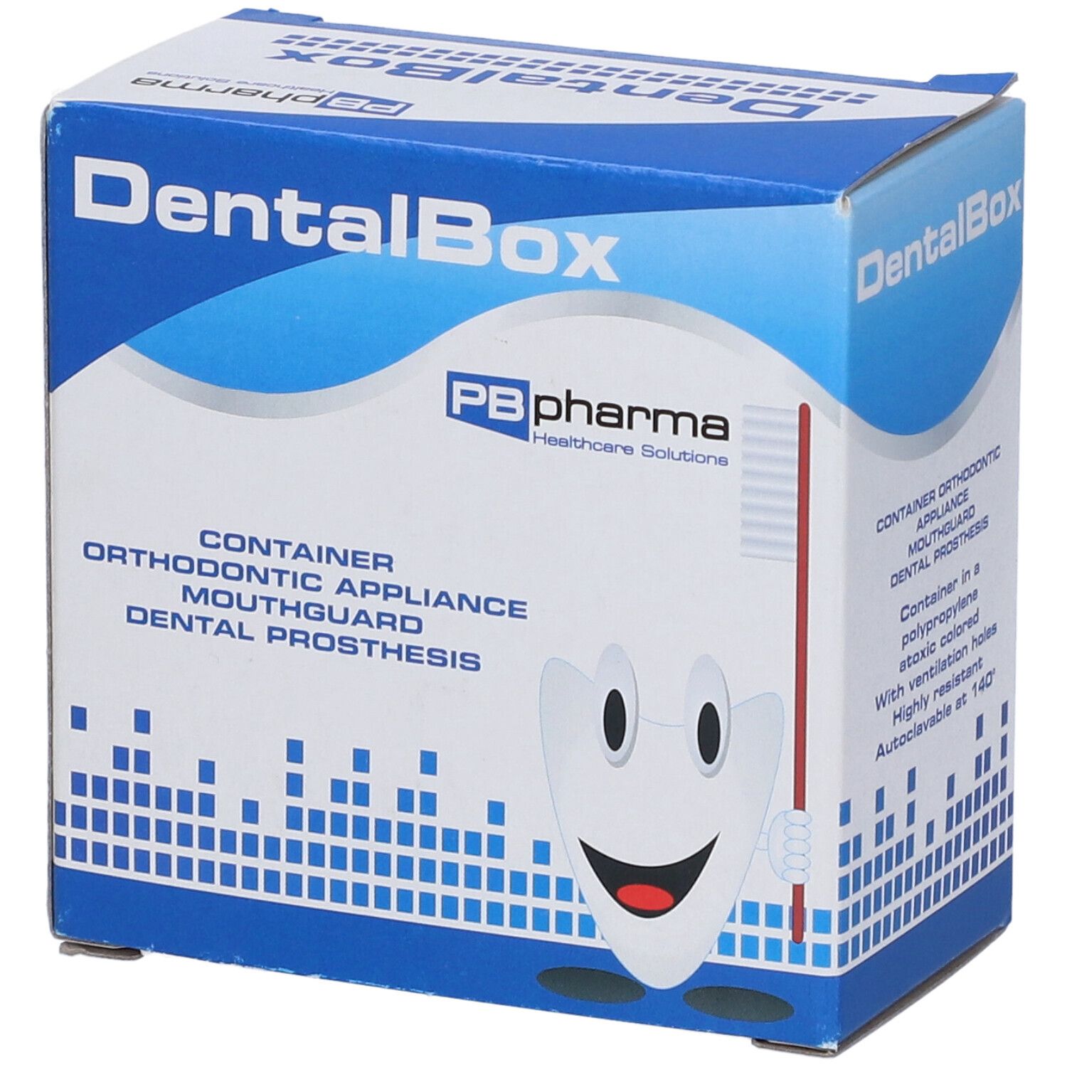Confezione DentalBox. Scatola blu con informazioni e logo PB pharma.