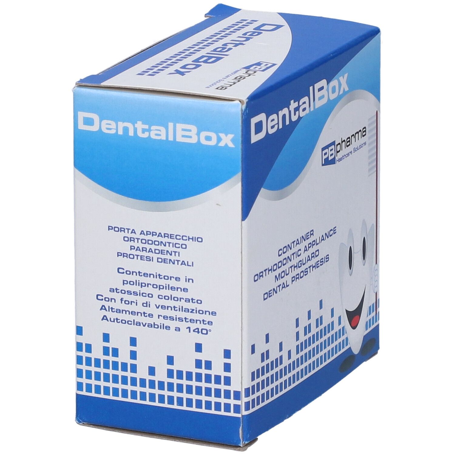 Confezione DentalBox. Scatola blu con informazioni e logo PB pharma.