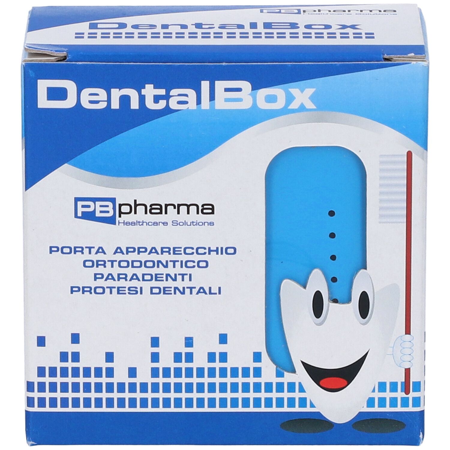 Confezione DentalBox. Scatola blu con informazioni e logo PB pharma.