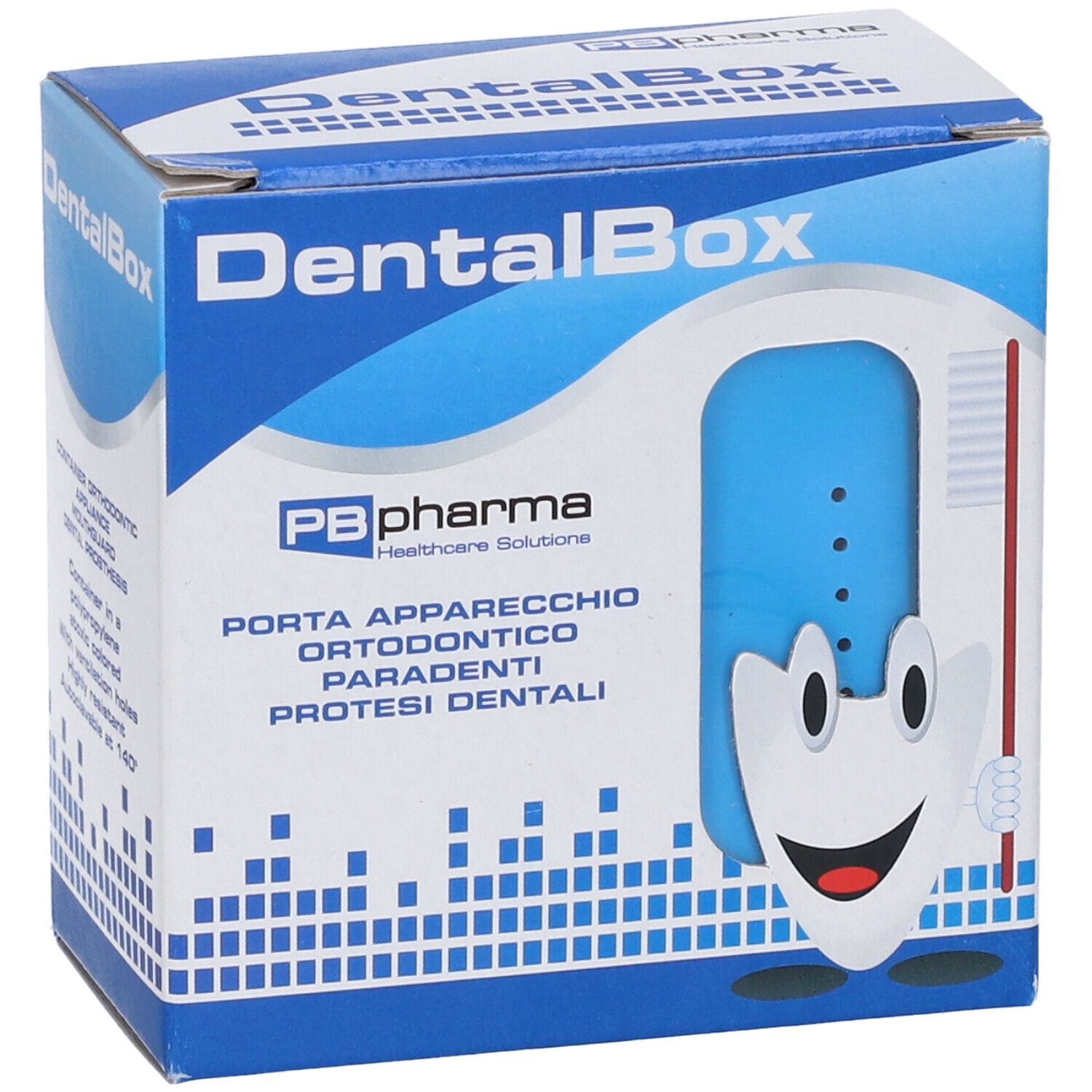 Confezione DentalBox. Scatola blu con informazioni e logo PB pharma.