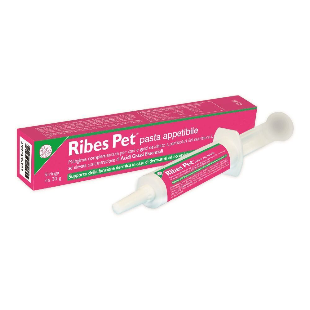 Confezione rosa Ribes Pet con siringa. Testo: Ribes Pet, pasta appetibile, 30 g.