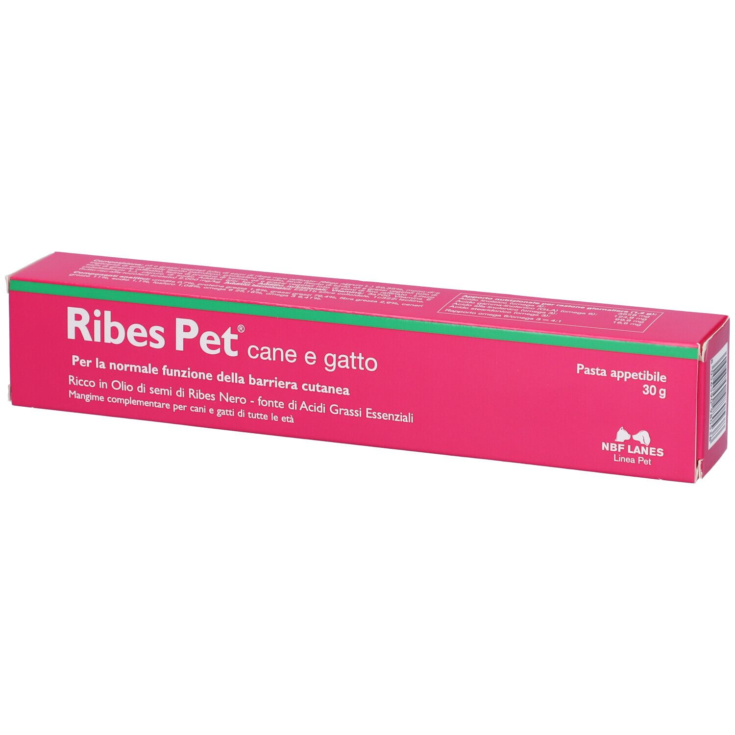 Scatola rosa con striscia verde. Testo: Ribes Pet cane e gatto, Pasta appetibile, 30 g.