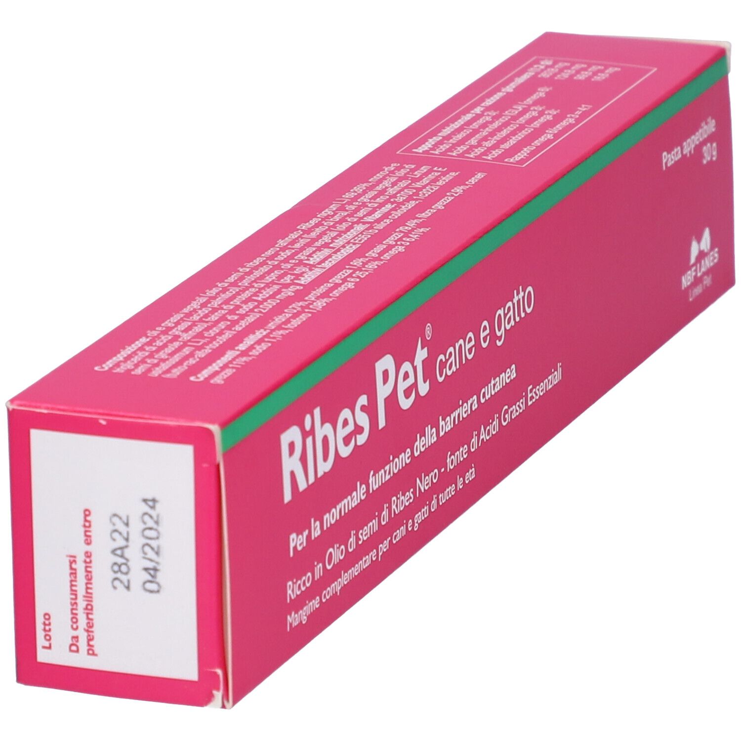 Scatola rosa con striscia verde. Testo: Ribes Pet cane e gatto, Pasta appetibile, 30 g.