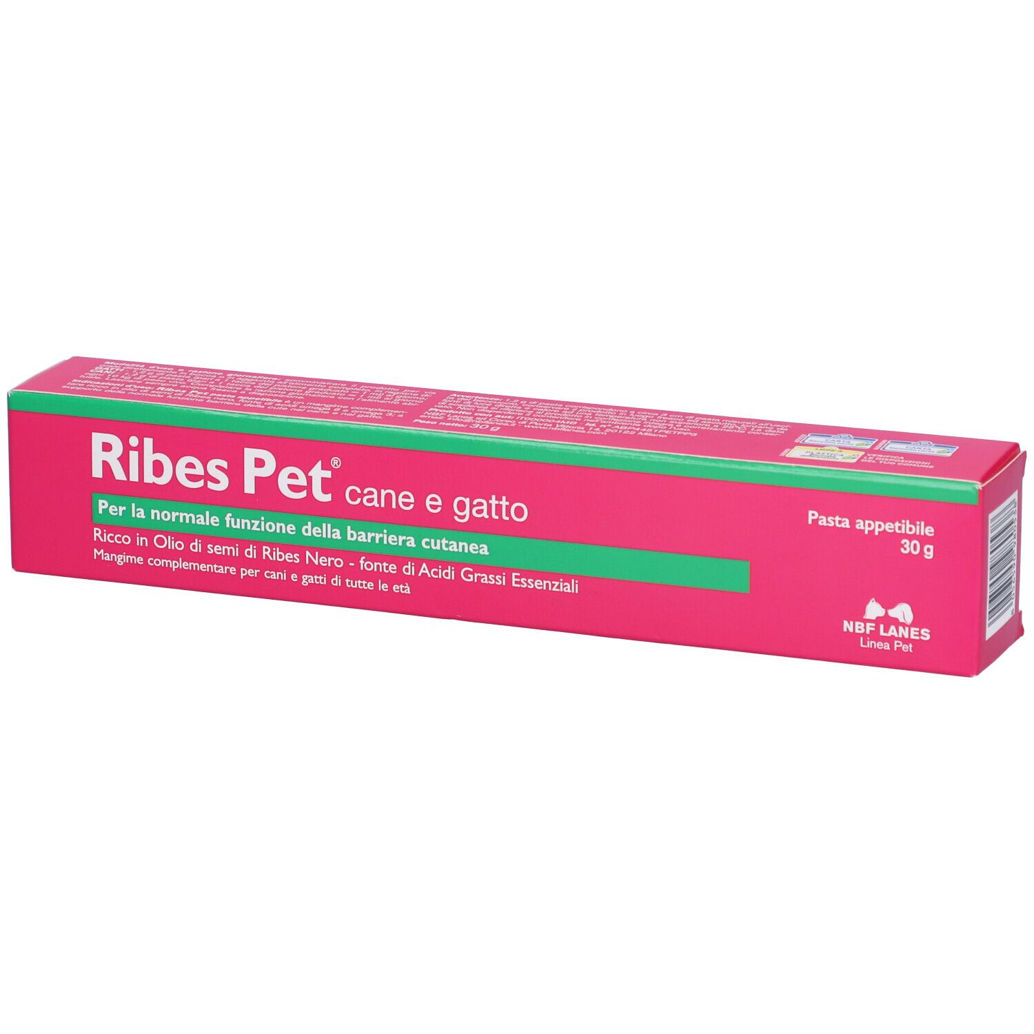 Scatola rosa con striscia verde. Testo: Ribes Pet cane e gatto, Pasta appetibile, 30 g.