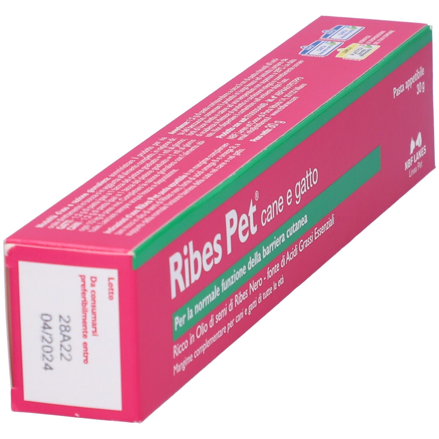 Scatola rosa con striscia verde. Testo: Ribes Pet cane e gatto, Pasta appetibile, 30 g.