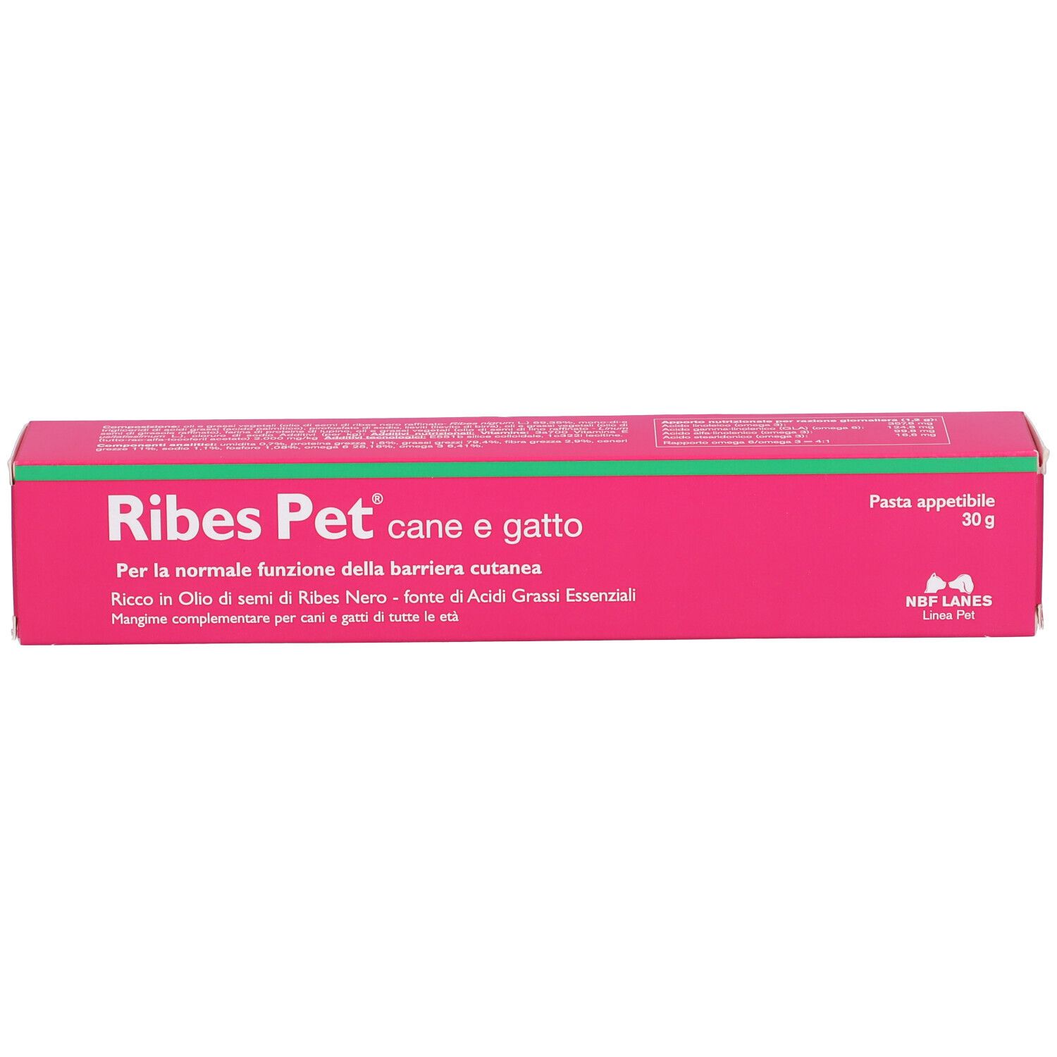 Scatola rosa con striscia verde. Testo: Ribes Pet cane e gatto, Pasta appetibile, 30 g.