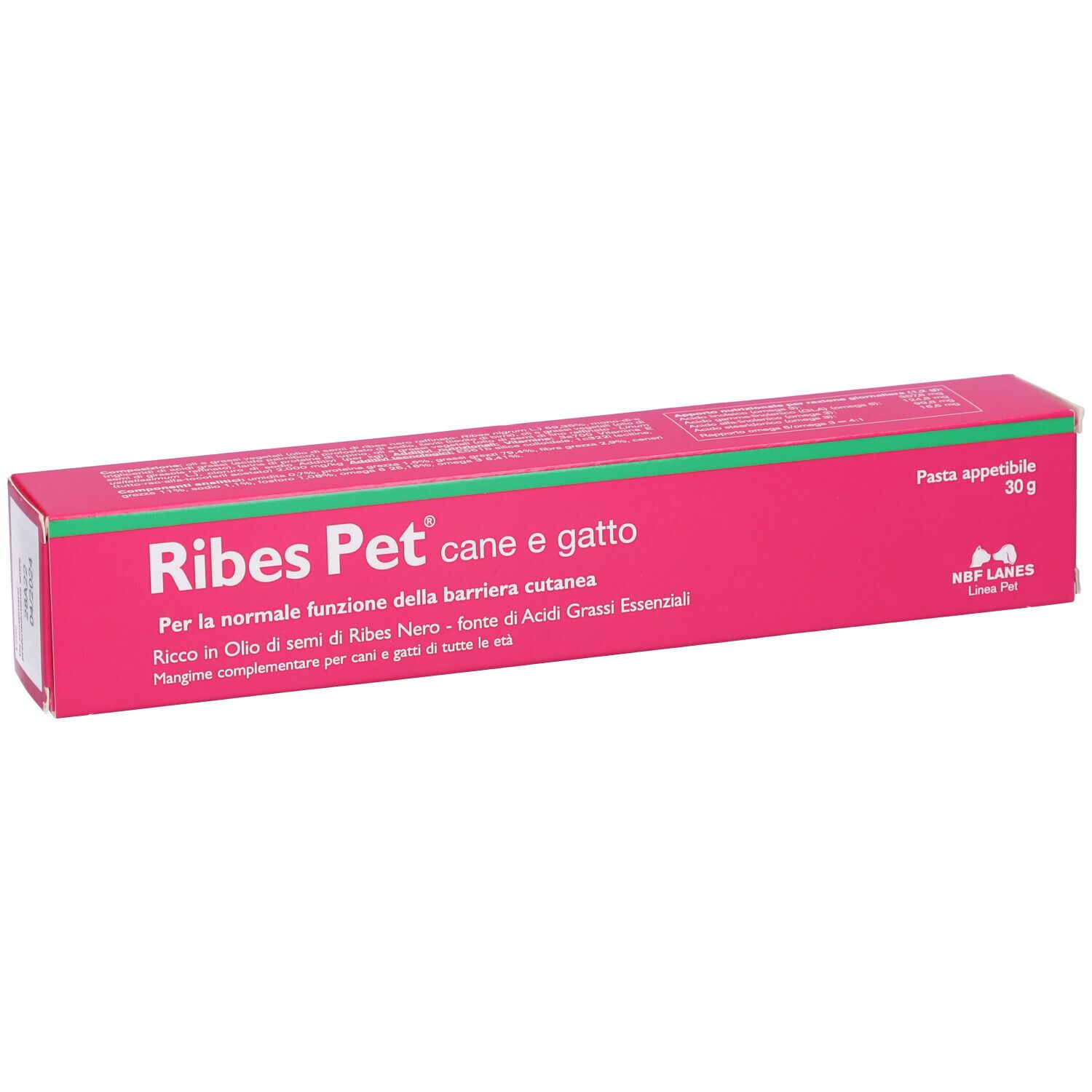 Scatola rosa con striscia verde. Testo: Ribes Pet cane e gatto, Pasta appetibile, 30 g.