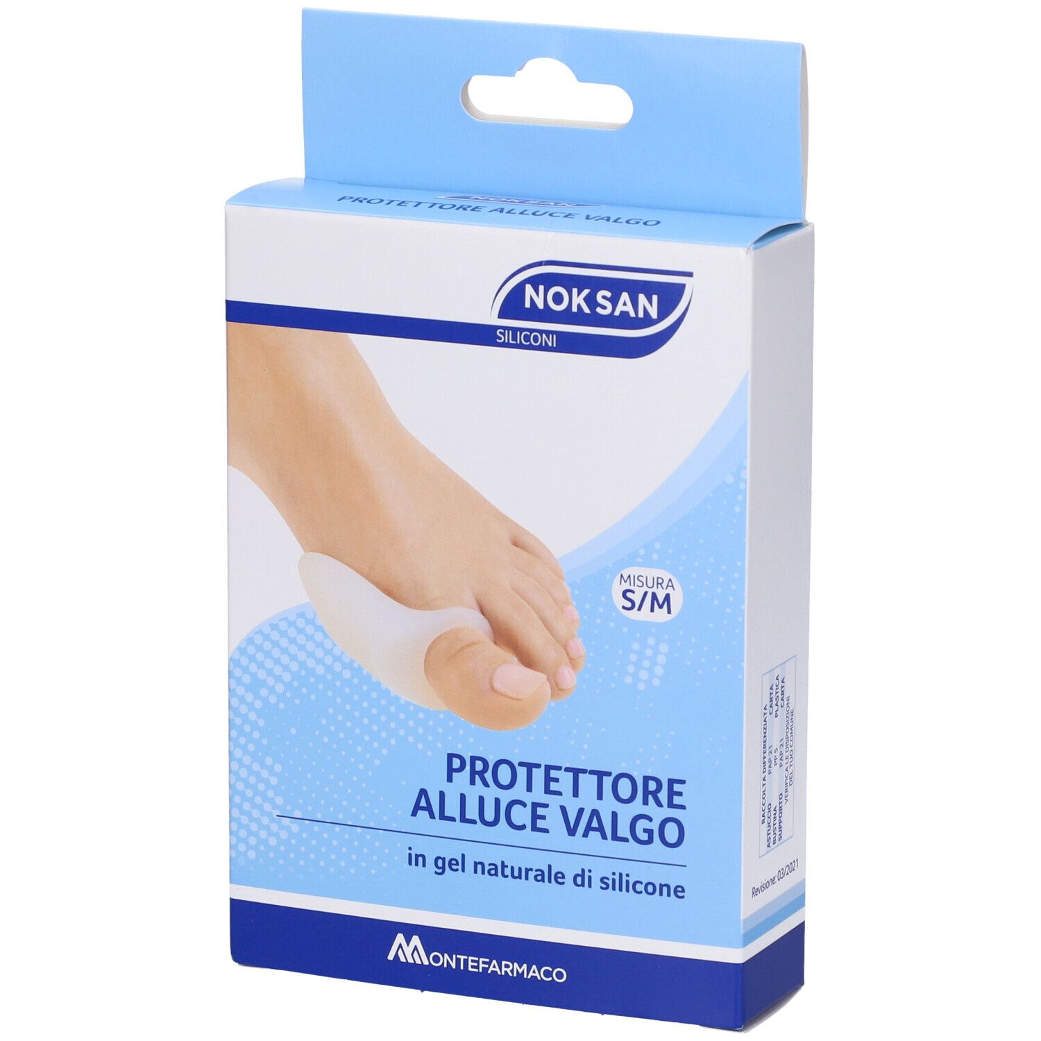Verpackung mit einem Silikon-Zehenschutz. Auf der Verpackung ist ein Fuß mit dem Produkt abgebildet. Größe S/M.