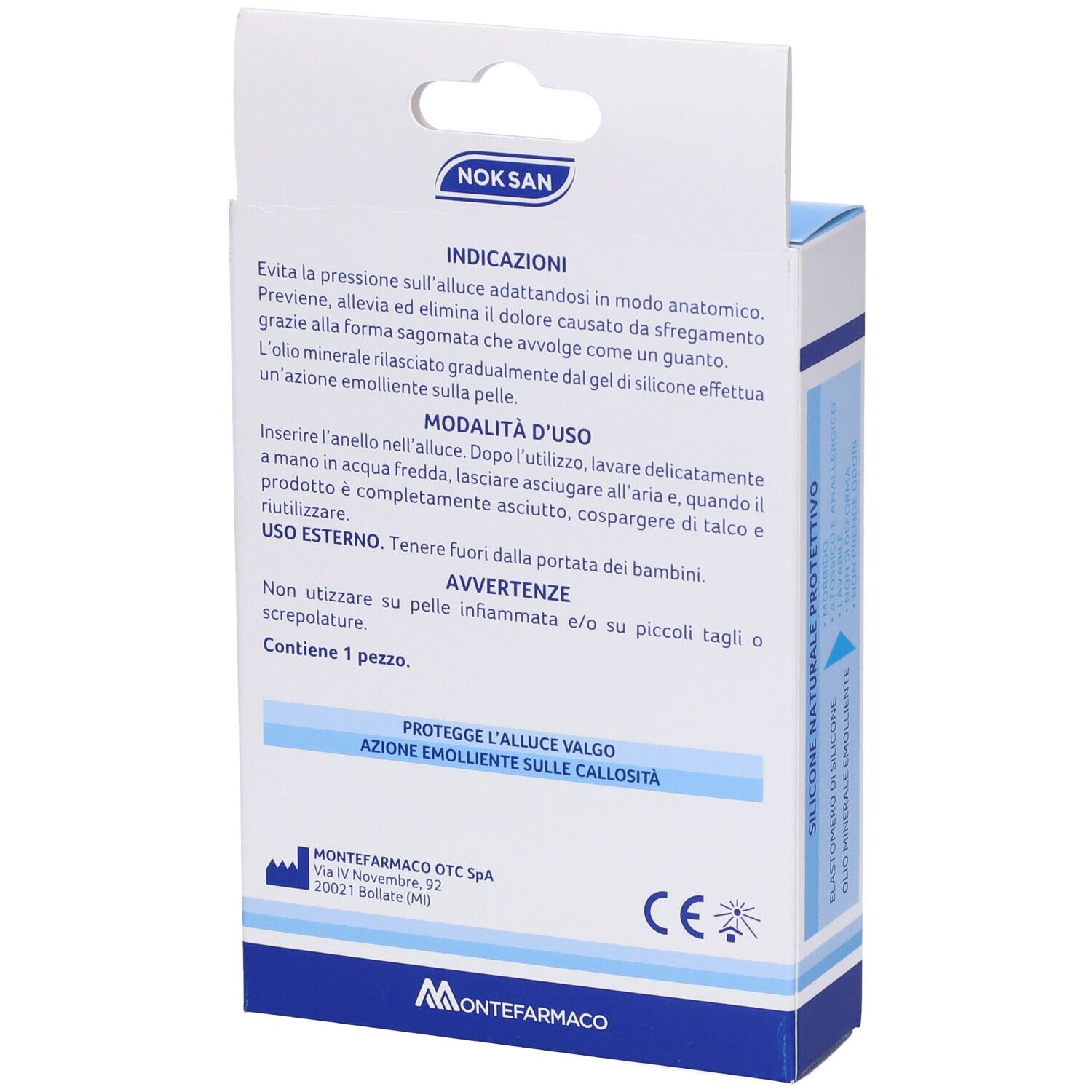 Rückseite der Verpackung mit Informationen zum Silikon-Zehenschutz. Gebrauchsanweisung und Warnhinweise sind aufgedruckt.