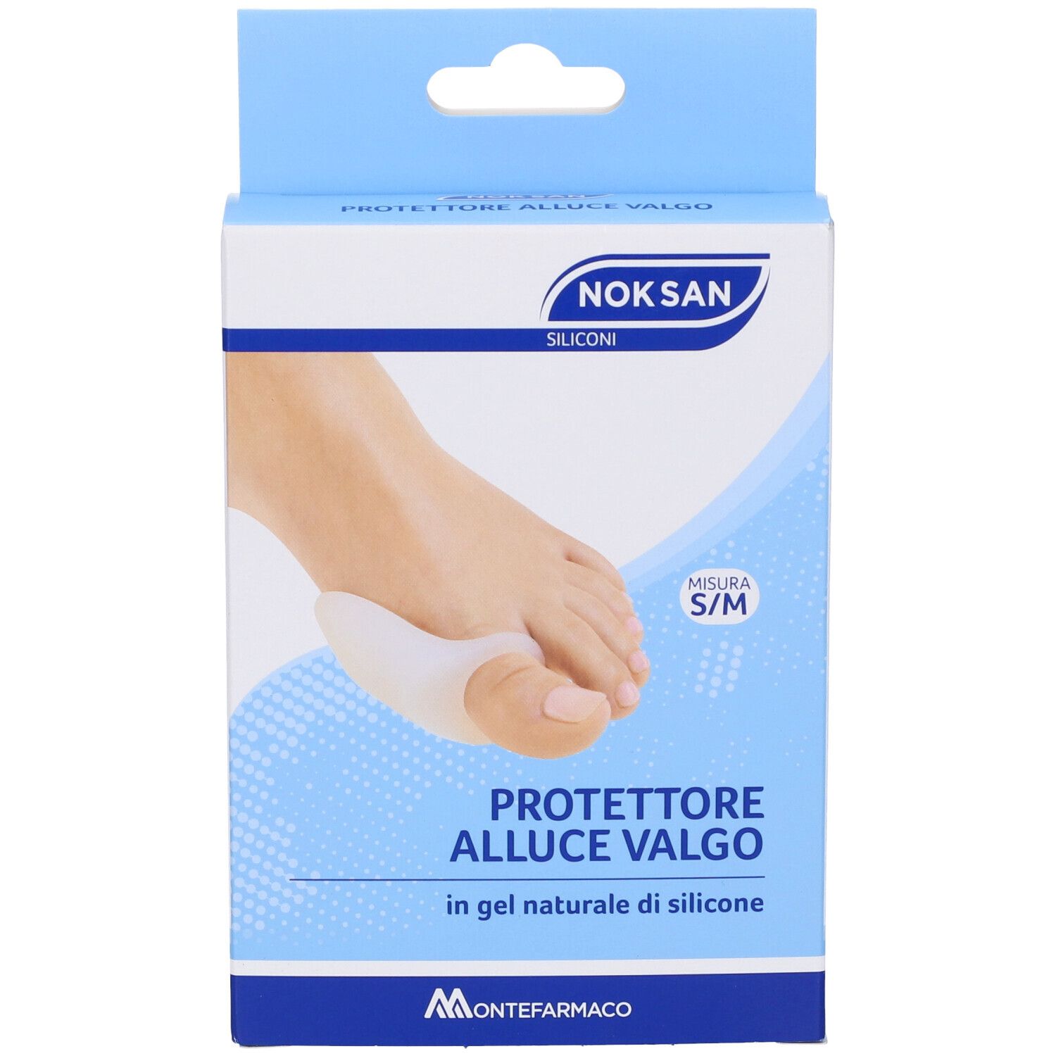 Verpackung mit Silikon-Zehenschutz. Auf der Verpackung ist ein Fuß mit dem Produkt abgebildet. Größe S/M.