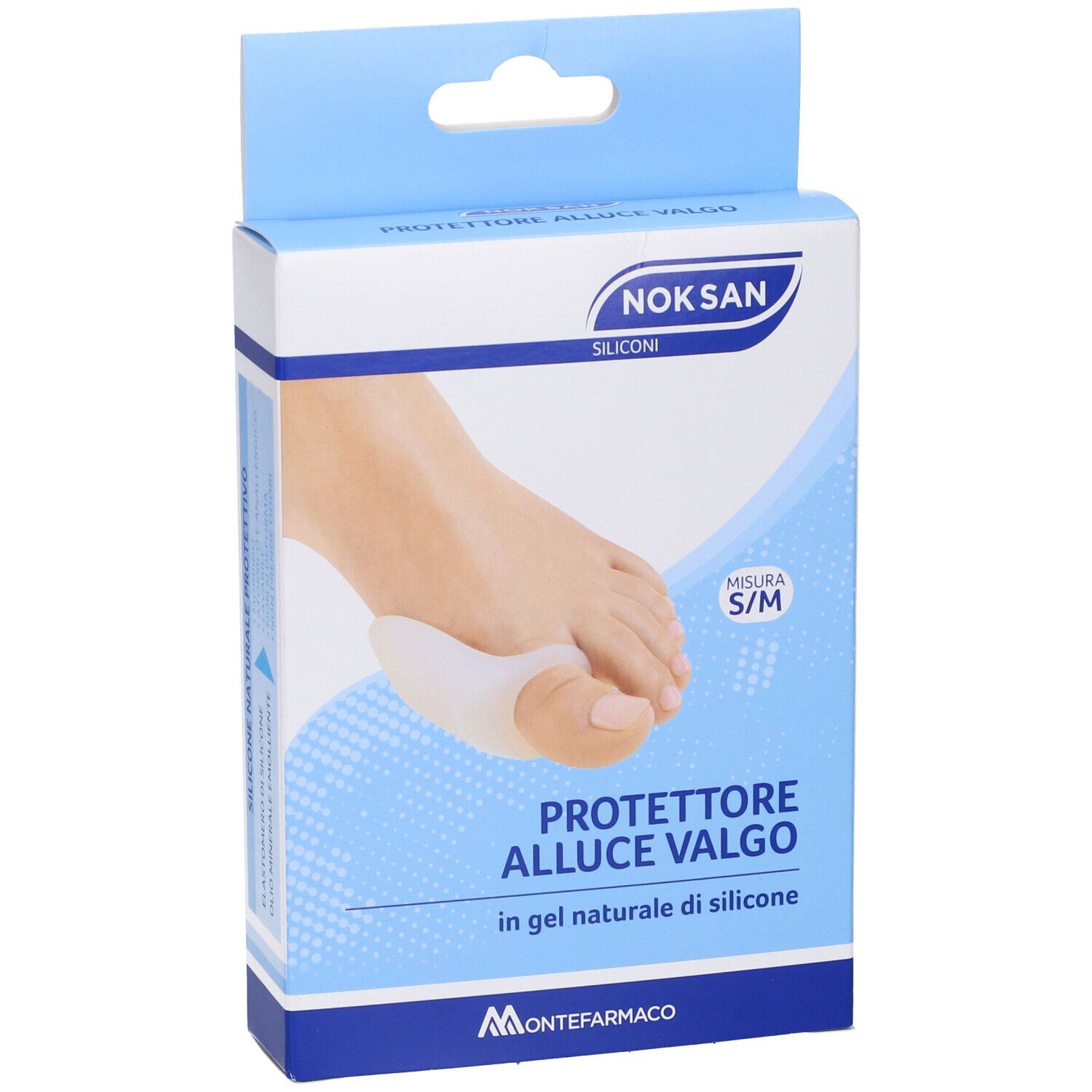 Verpackung mit Silikon-Zehenschutz. Auf der Verpackung ist ein Fuß mit dem Produkt abgebildet. Größe S/M.