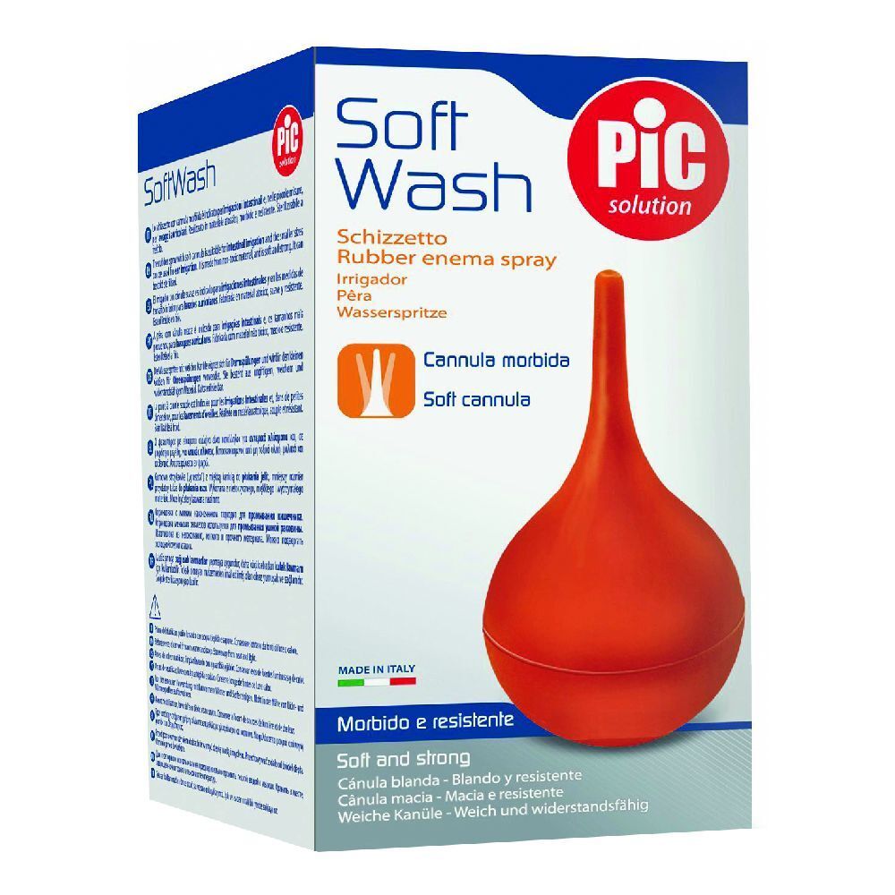Confezione con peretta in gomma rossa. Testo: Soft Wash, PIC solution, Cannula morbida, Cannula morbida.