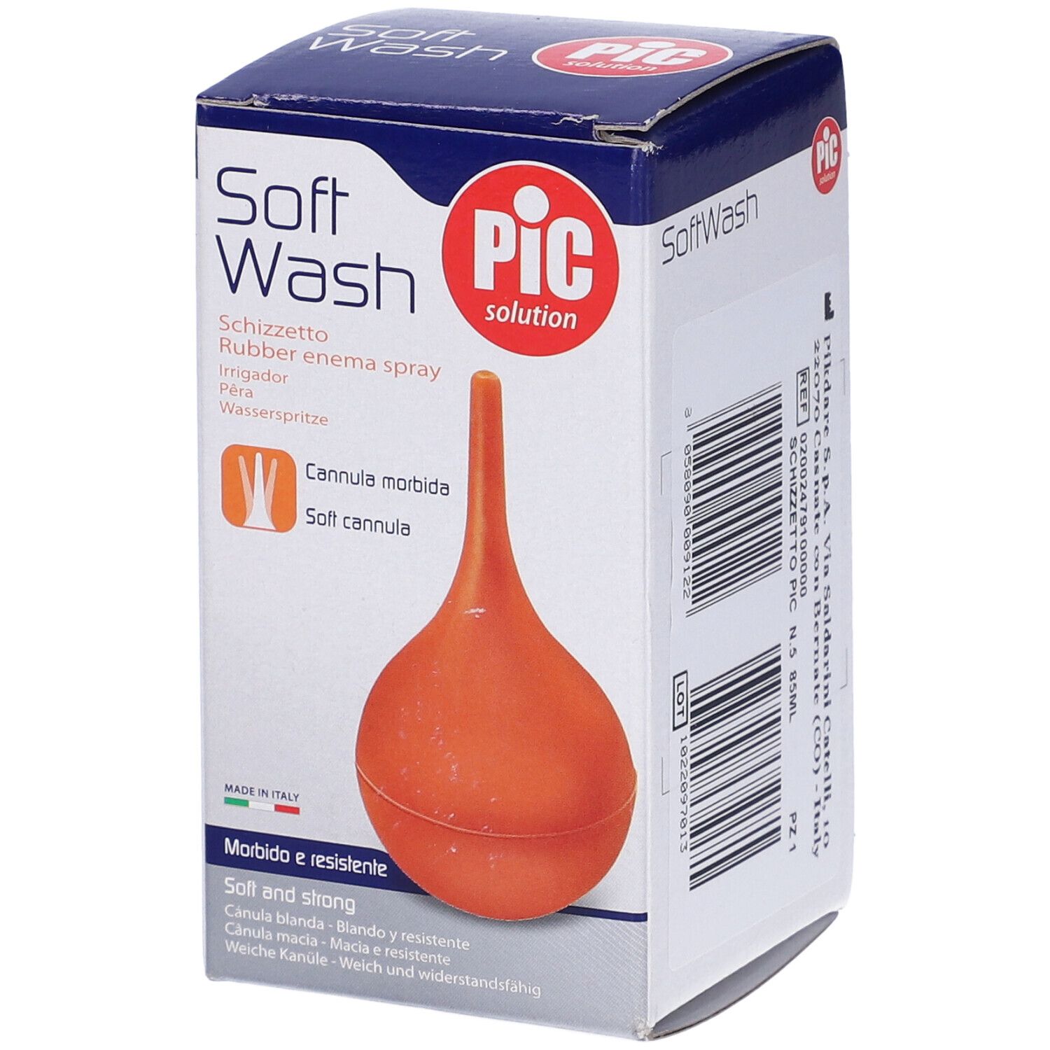 Confezione con peretta in gomma rossa. Testo: Soft Wash, PIC solution, Cannula morbida, Cannula morbida.