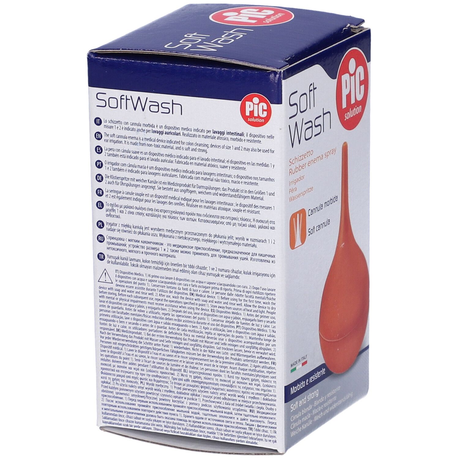 Confezione con peretta in gomma rossa. Testo: Soft Wash, PIC solution, Cannula morbida, Cannula morbida.