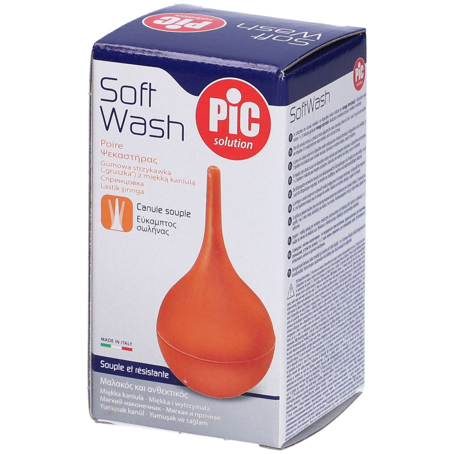 Confezione con peretta in gomma rossa. Testo: Soft Wash, PIC solution, Cannula morbida, Cannula morbida.