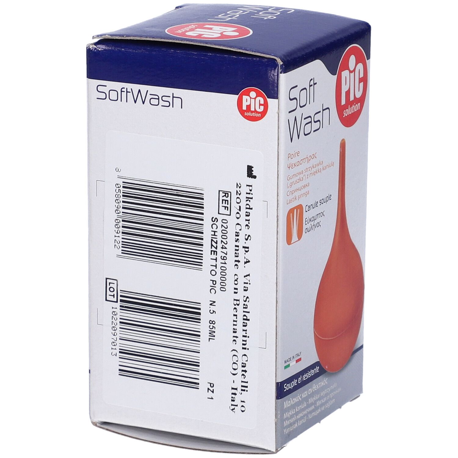 Confezione con peretta in gomma rossa. Testo: Soft Wash, PIC solution, Cannula morbida, Cannula morbida.