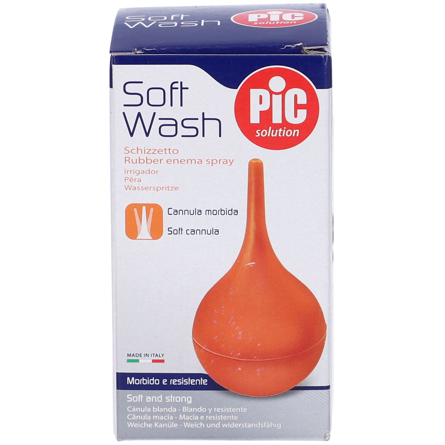 Confezione con peretta in gomma rossa. Testo: Soft Wash, PIC solution, Cannula morbida, Cannula morbida.