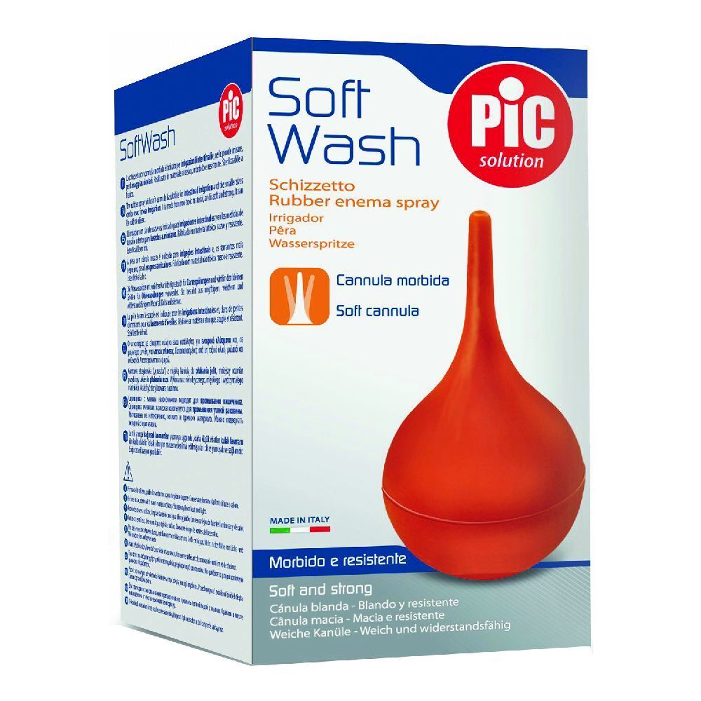 Siringa arancione con cannula morbida in confezione. Marchio PIC, nome prodotto Soft Wash.