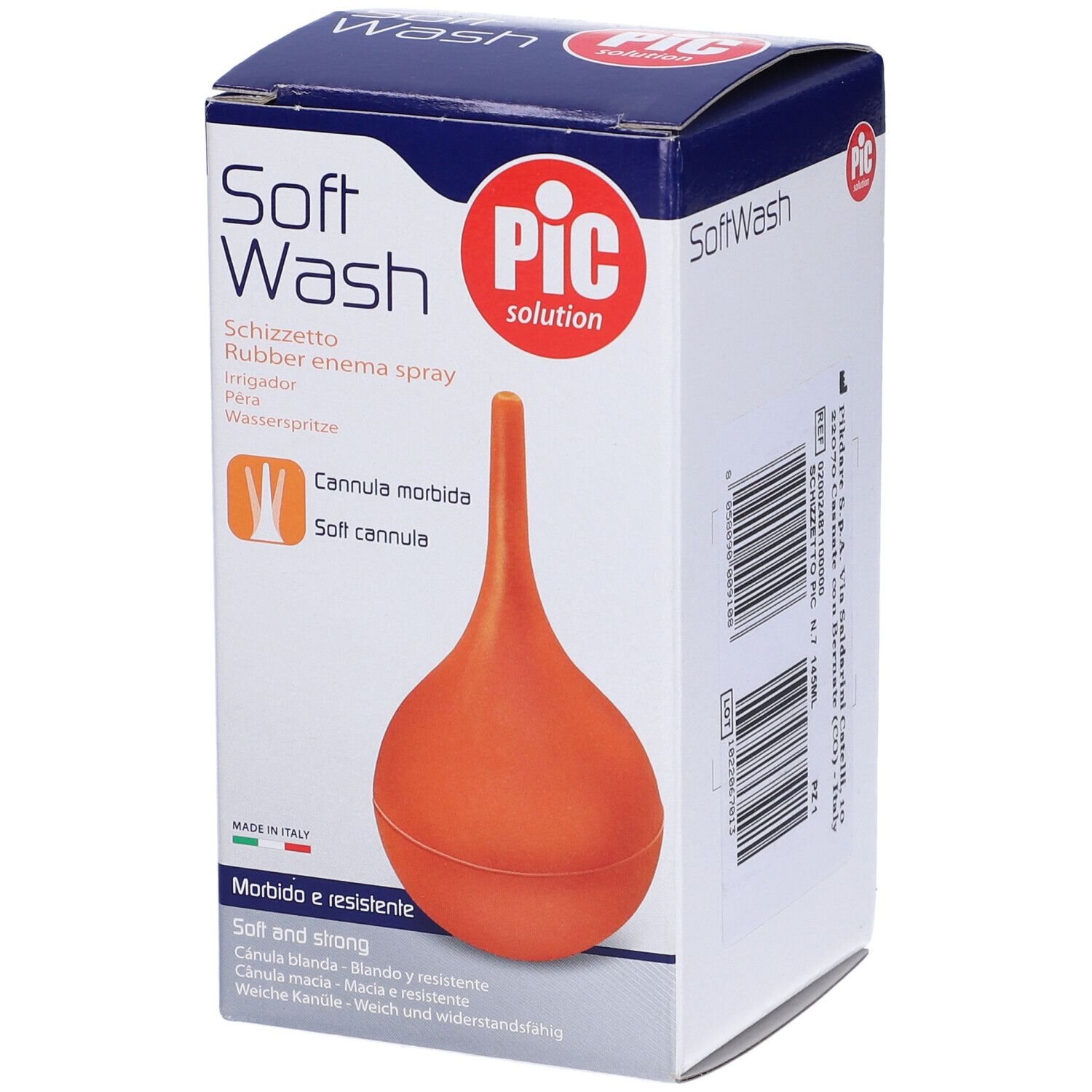 Siringa arancione con cannula morbida in confezione. Marchio PIC, nome prodotto Soft Wash.