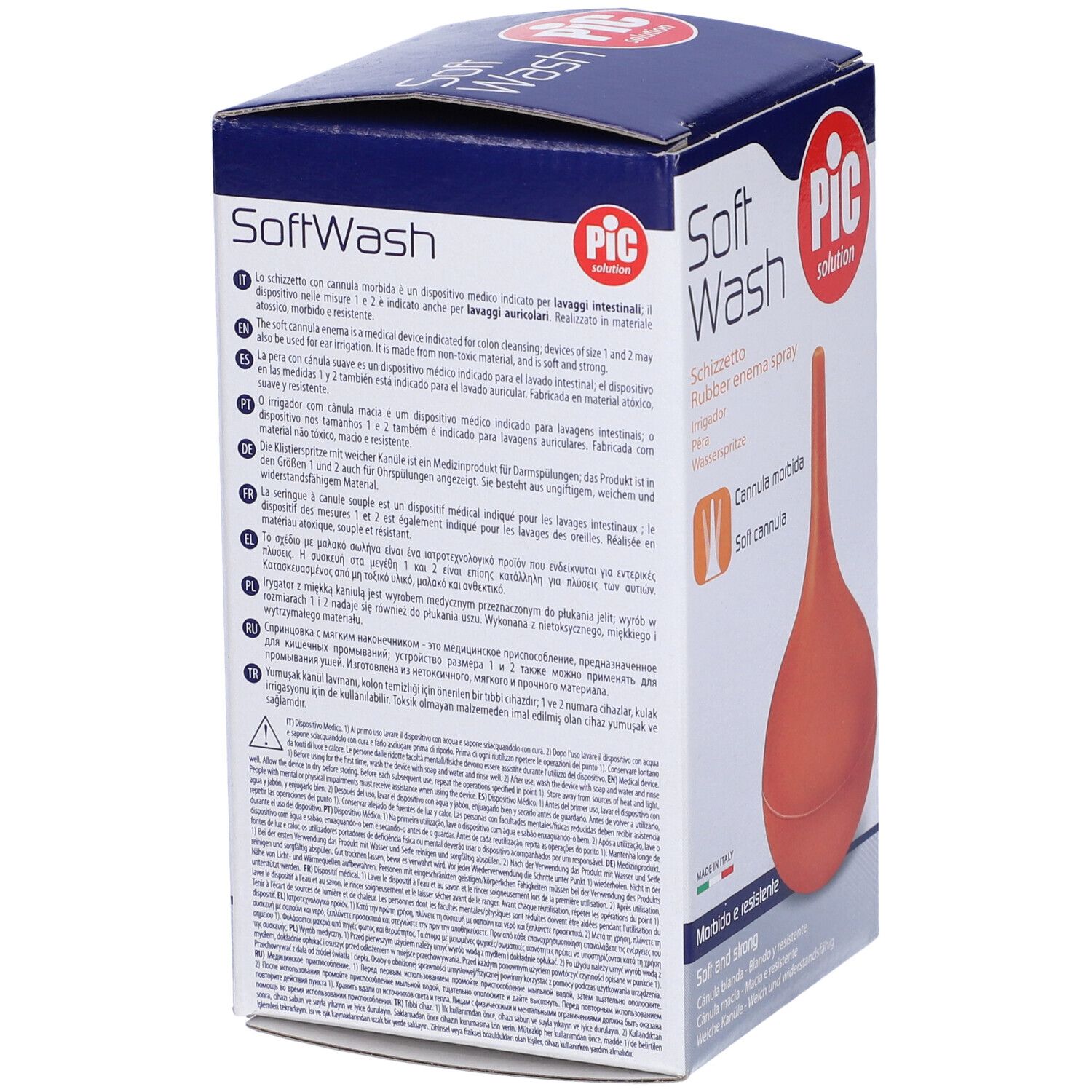 Retro della confezione. Testo multilingue. Marchio PIC, nome prodotto Soft Wash.