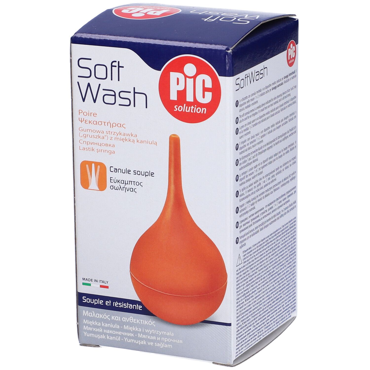 Siringa arancione con cannula morbida in confezione. Marchio PIC, nome prodotto Soft Wash.