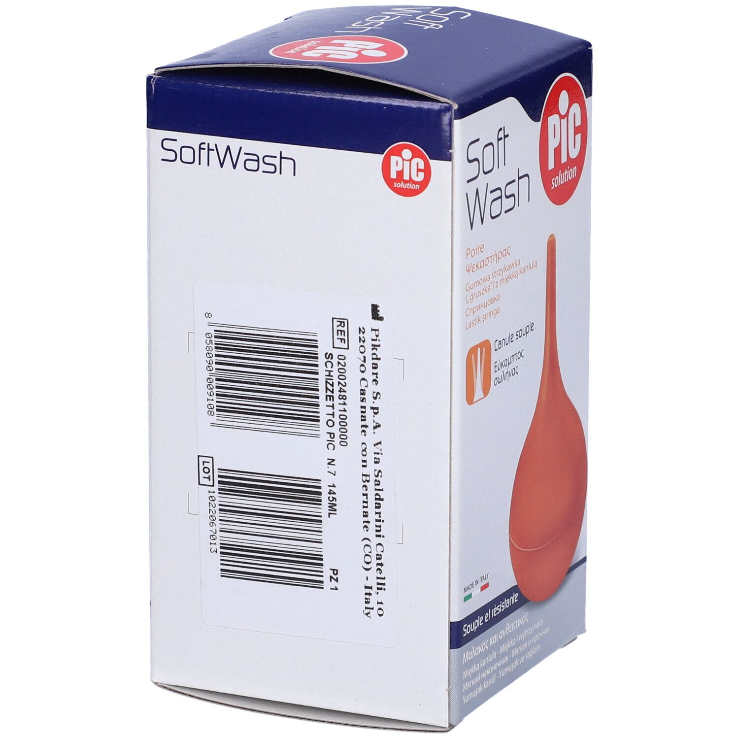 Retro della confezione. Testo multilingue. Marchio PIC, nome prodotto Soft Wash.