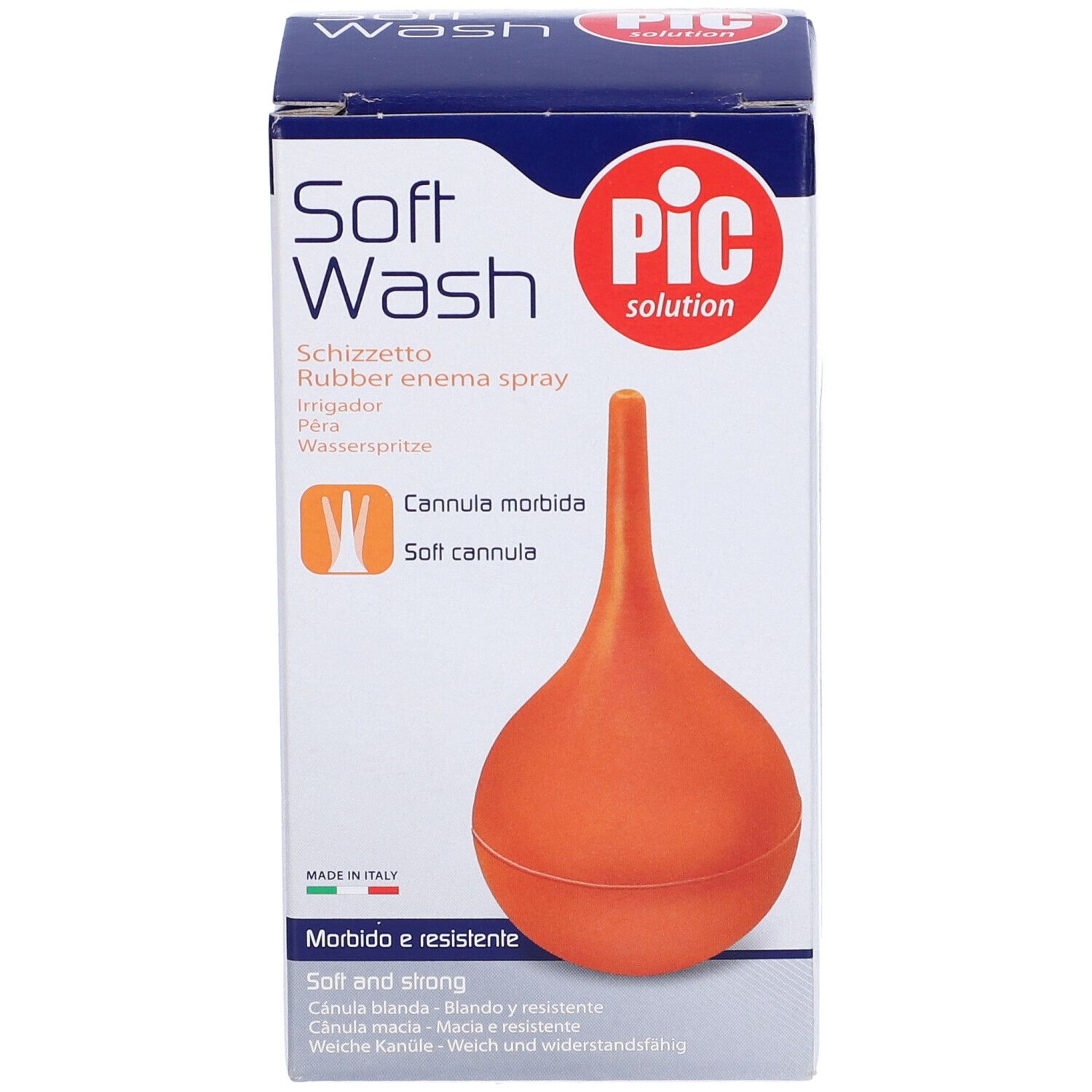 Siringa arancione con cannula morbida in confezione. Marchio PIC, nome prodotto Soft Wash.