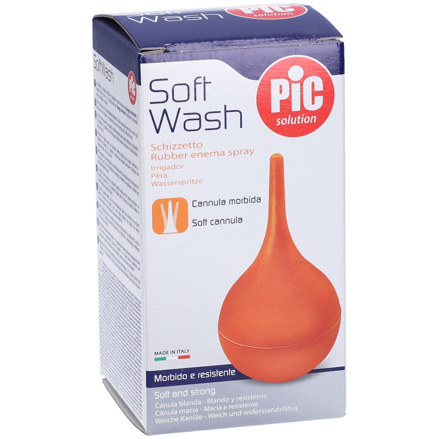 Siringa arancione con cannula morbida in confezione. Marchio PIC, nome prodotto Soft Wash.