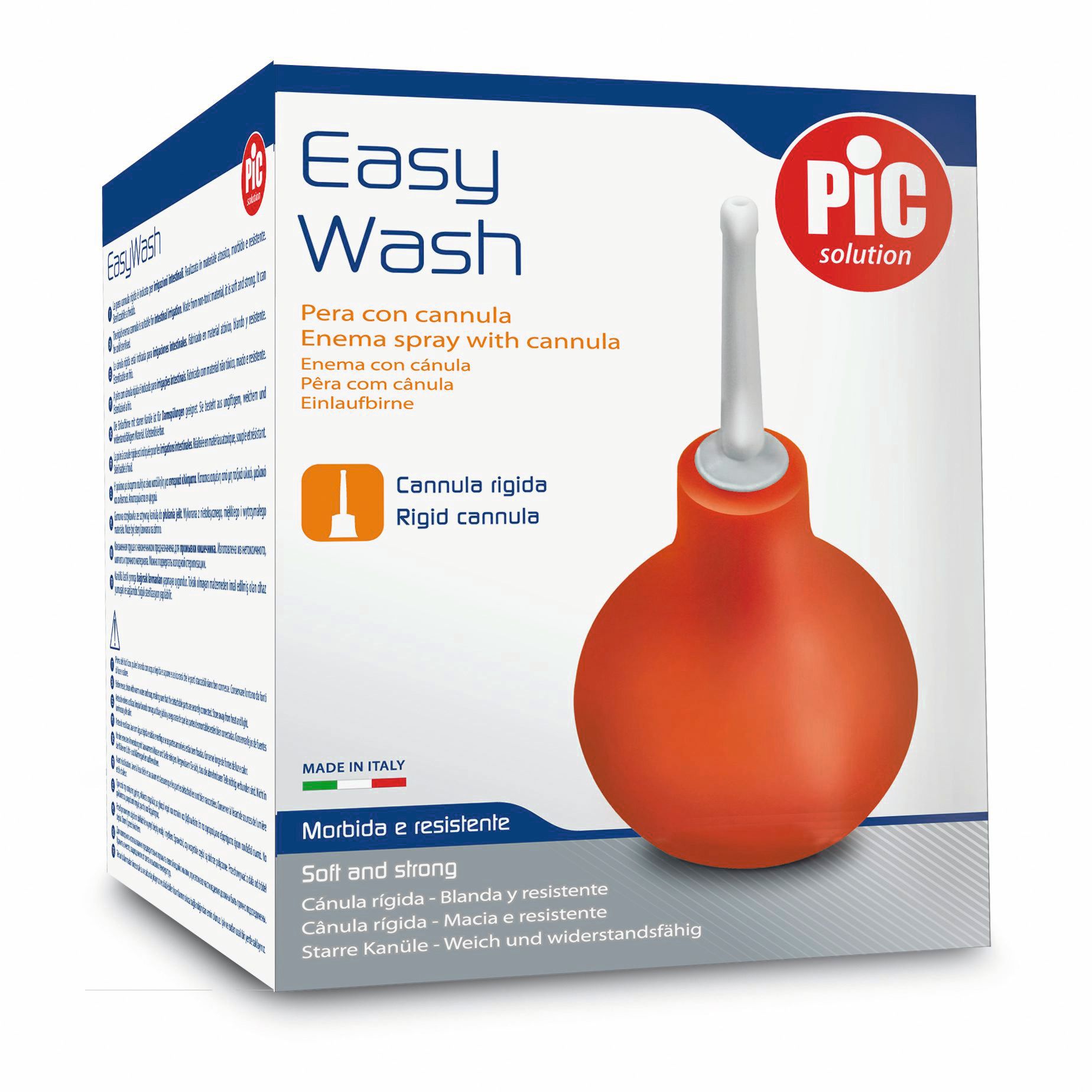 Pera per clistere arancione con cannula bianca, confezione. Scritta: Easy Wash, PIC solution.