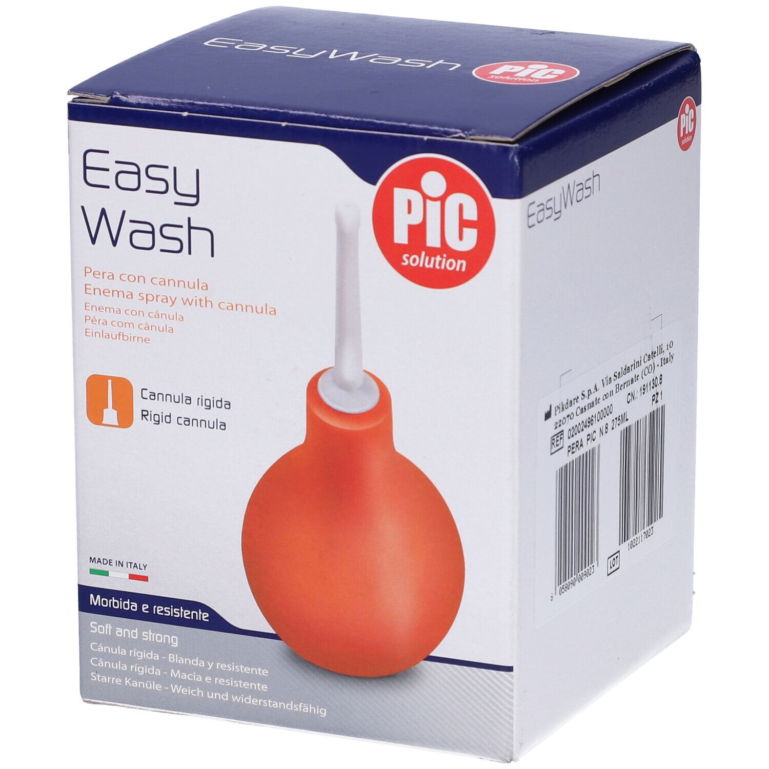 Confezione con pera per clistere arancione e cannula bianca. Scritta: Easy Wash, PIC solution.
