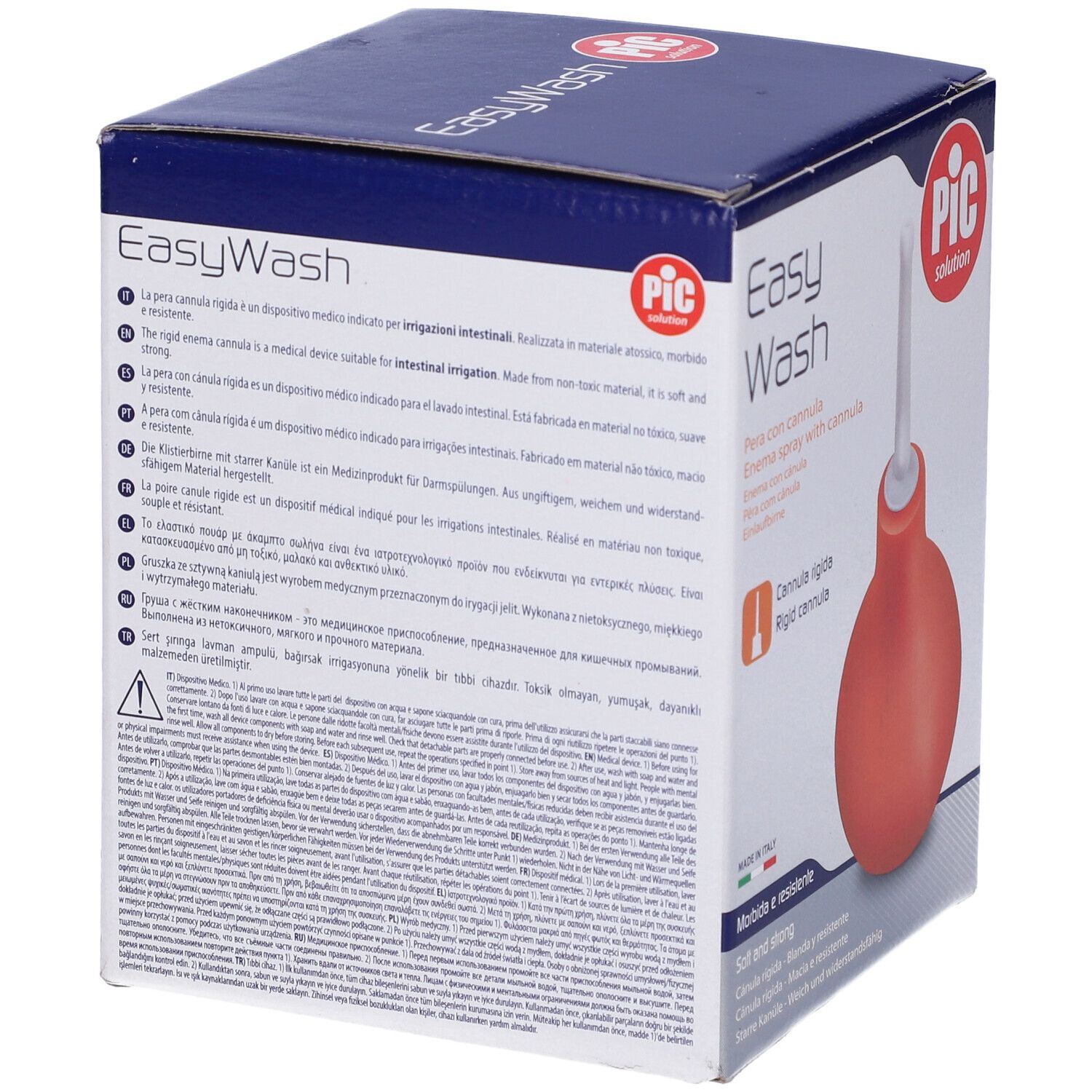 Confezione con pera per clistere arancione e cannula bianca. Scritta: Easy Wash, PIC solution.