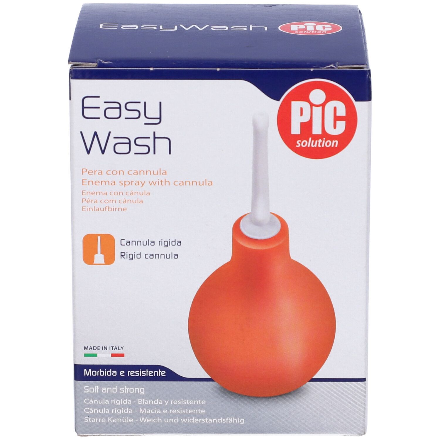 Confezione con pera per clistere arancione e cannula bianca. Scritta: Easy Wash, PIC solution.