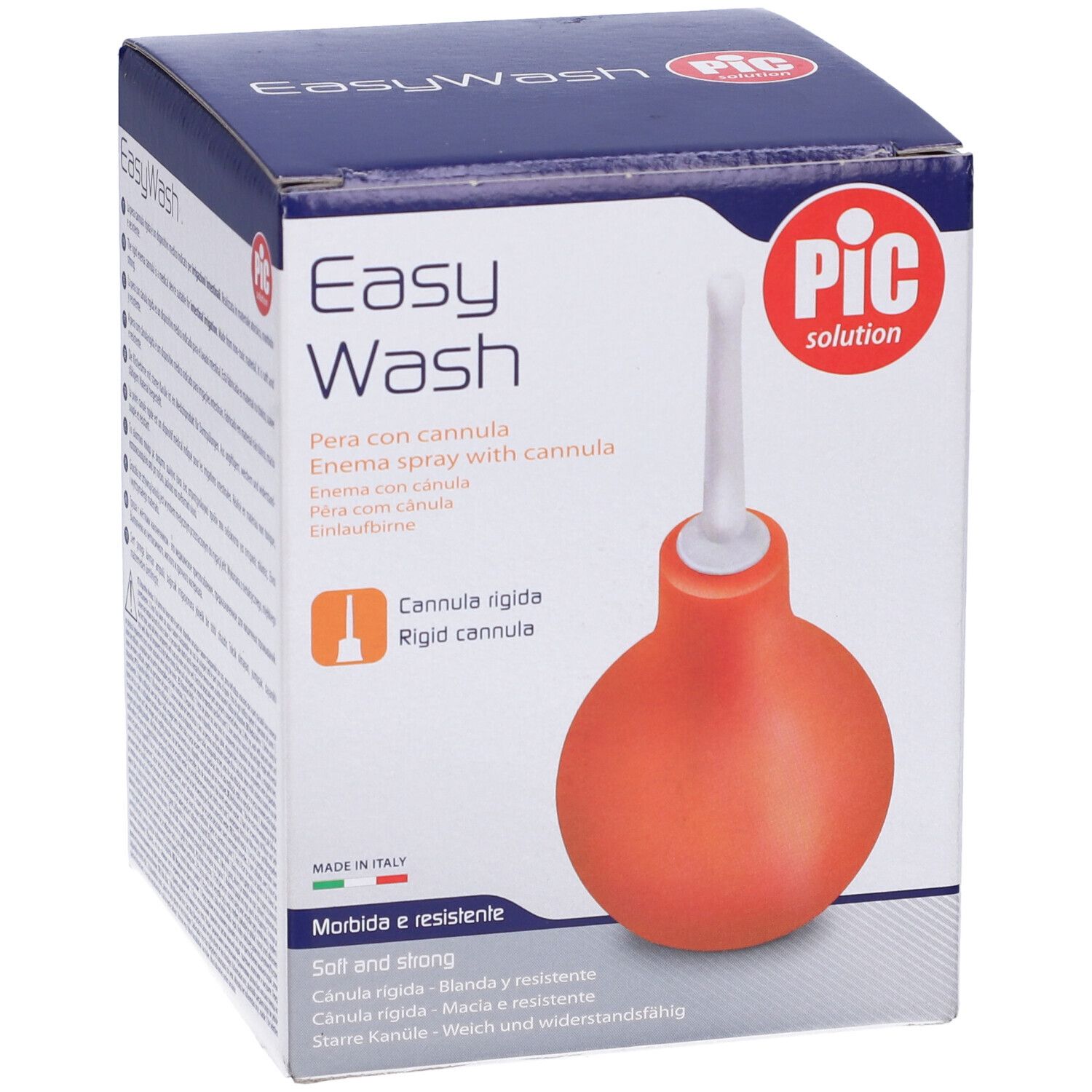 Confezione con pera per clistere arancione e cannula bianca. Scritta: Easy Wash, PIC solution.