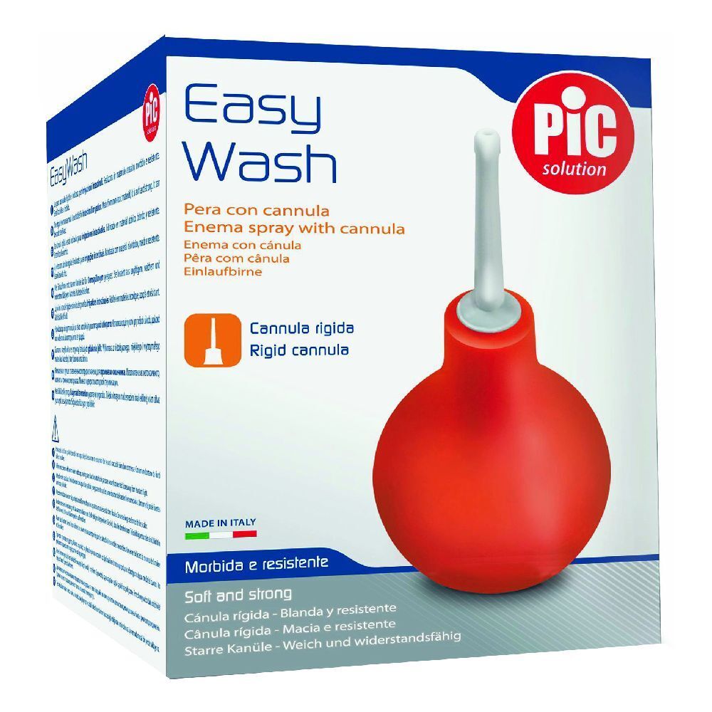 Confezione con pera per clistere rossa e cannula bianca. Scritte 'Easy Wash' e 'PIC solution'.