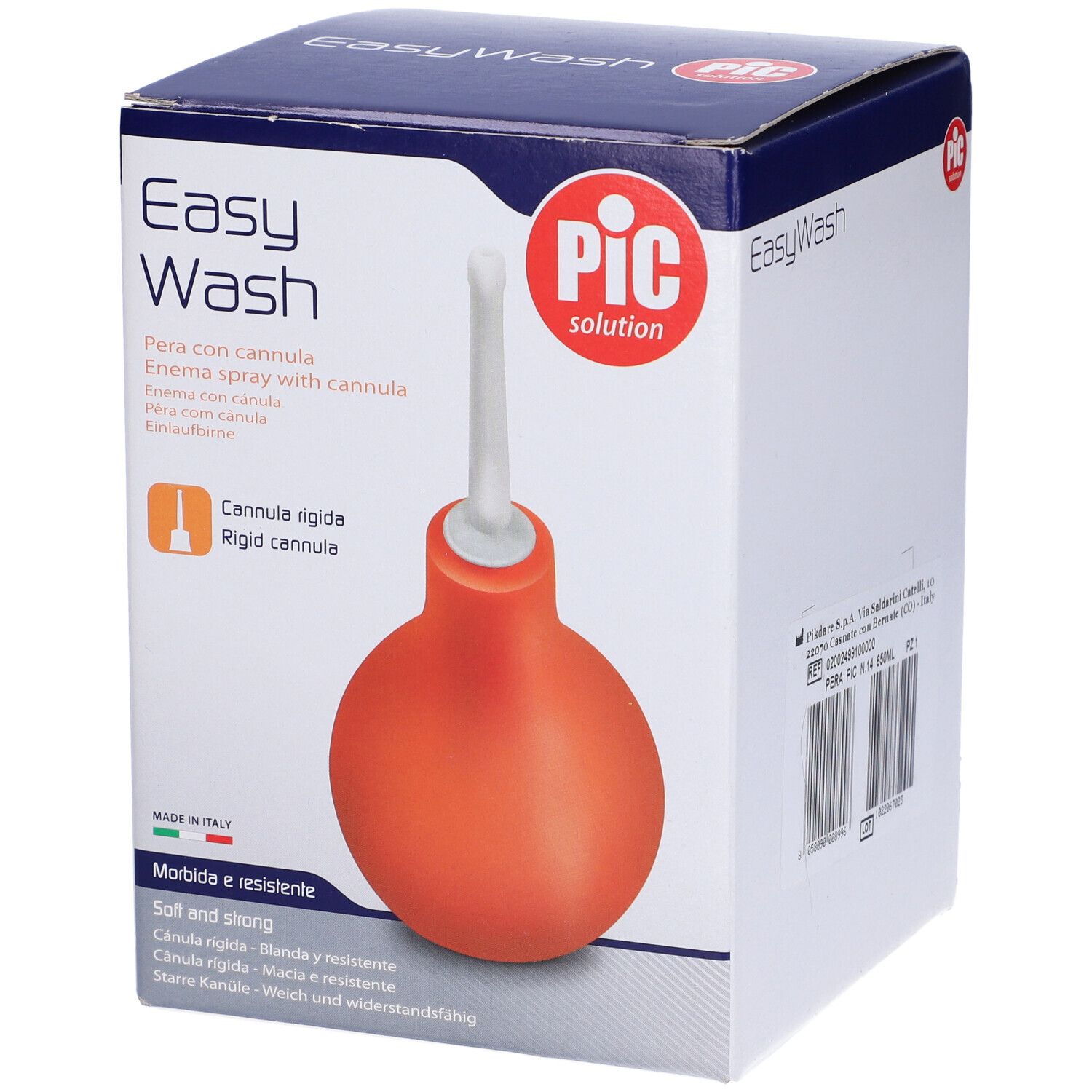 Confezione con pera per clistere rossa e cannula bianca. Scritte 'Easy Wash' e 'PIC solution'.