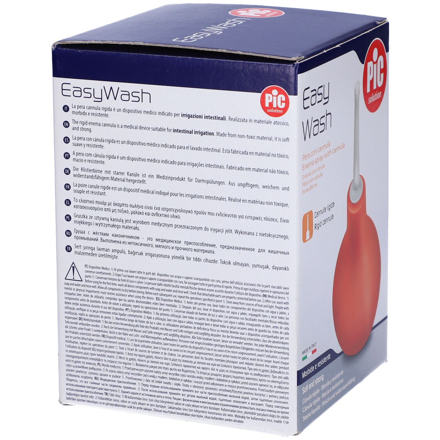 Retro della confezione con pera per clistere rossa e cannula bianca. Testo multilingue.