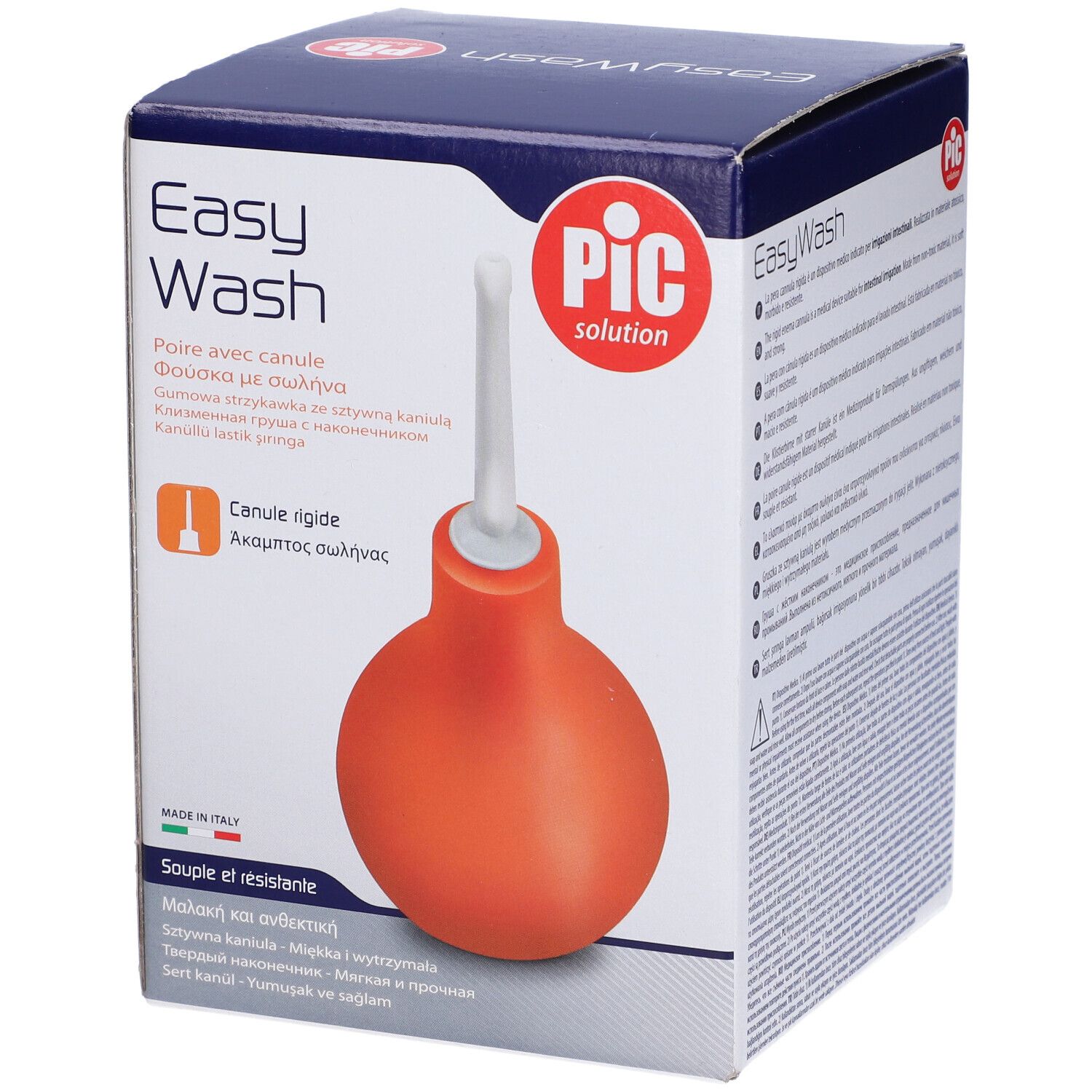 Confezione con pera per clistere rossa e cannula bianca. Scritte 'Easy Wash' e 'PIC solution'.