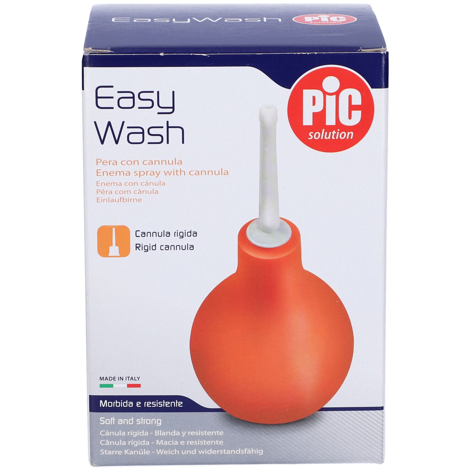 Confezione con pera per clistere rossa e cannula bianca. Scritte 'Easy Wash' e 'PIC solution'.