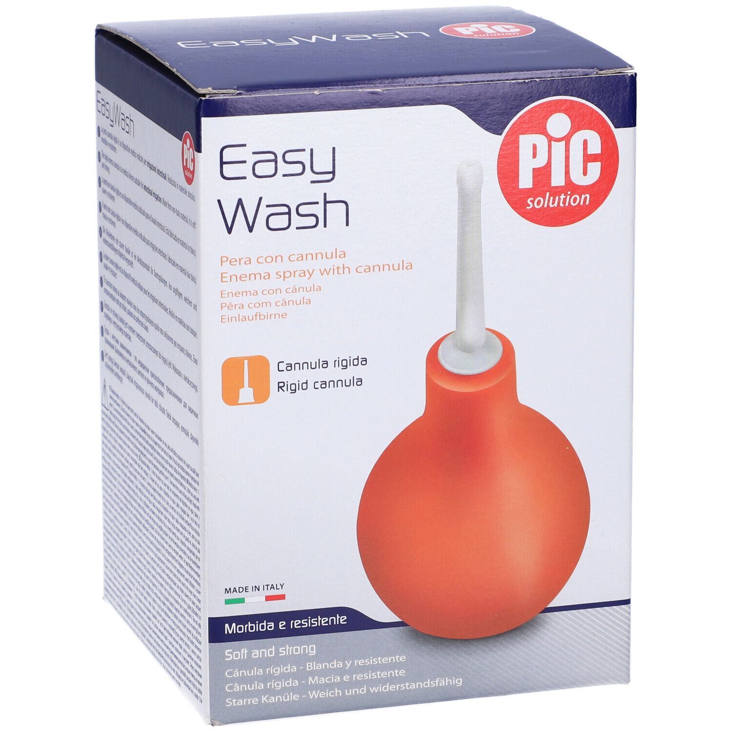 Confezione con pera per clistere rossa e cannula bianca. Scritte 'Easy Wash' e 'PIC solution'.