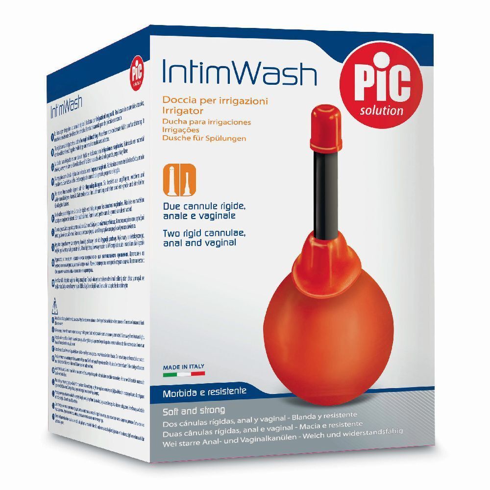 Confezione IntimWash. Irrigatorio arancione, tubo nero, cappuccio rosso. Logo PIC. Due cannule rigide.