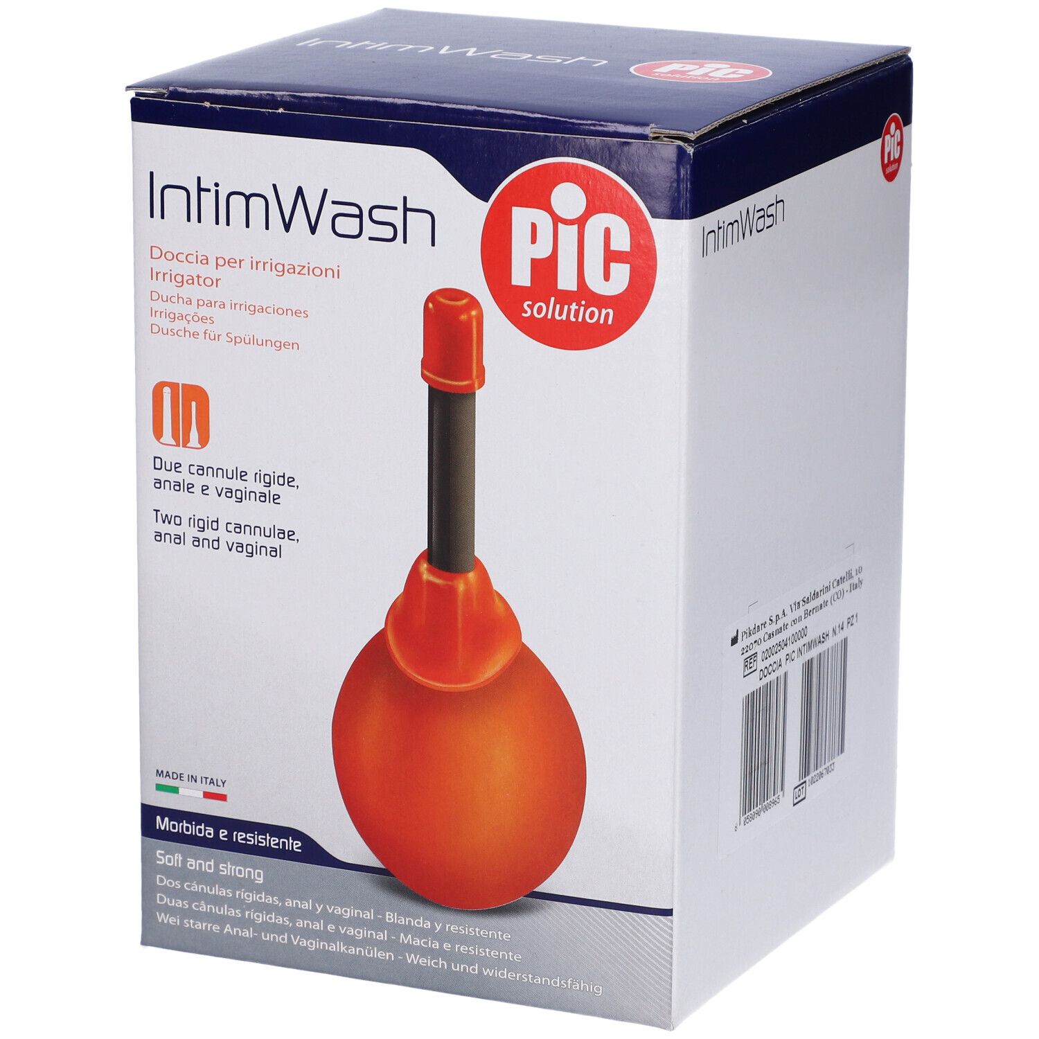 Confezione IntimWash. Irrigatorio arancione, tubo nero, cappuccio rosso. Logo PIC. Vista ravvicinata.