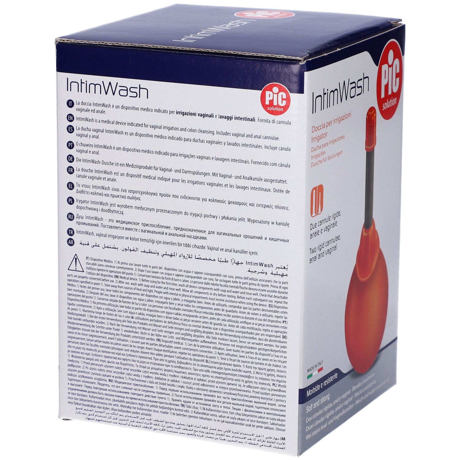 Confezione IntimWash. Irrigatorio arancione, tubo nero, cappuccio rosso. Logo PIC. Vista posteriore.