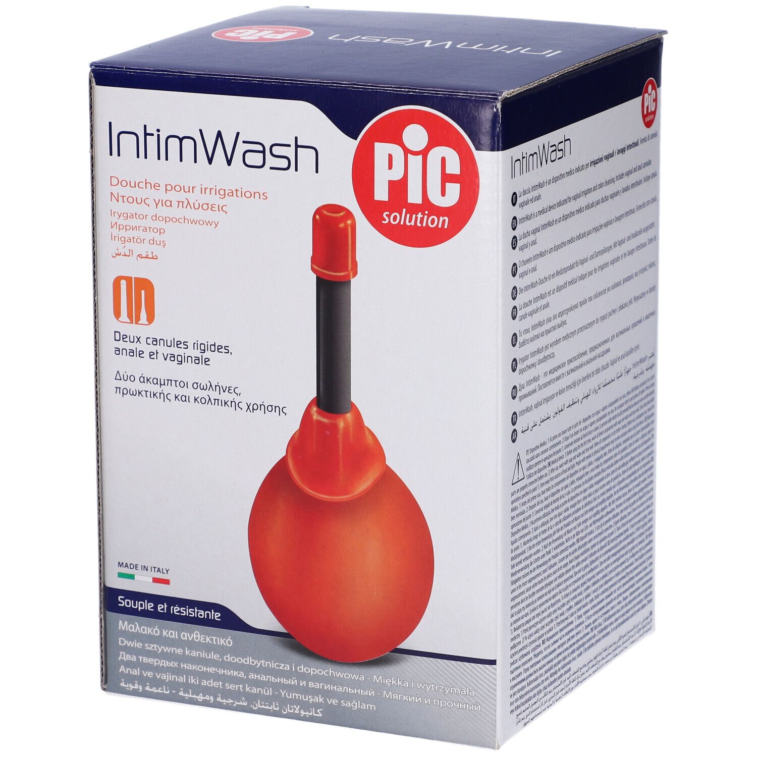 Confezione IntimWash. Irrigatorio arancione, tubo nero, cappuccio rosso. Logo PIC. Vista laterale.