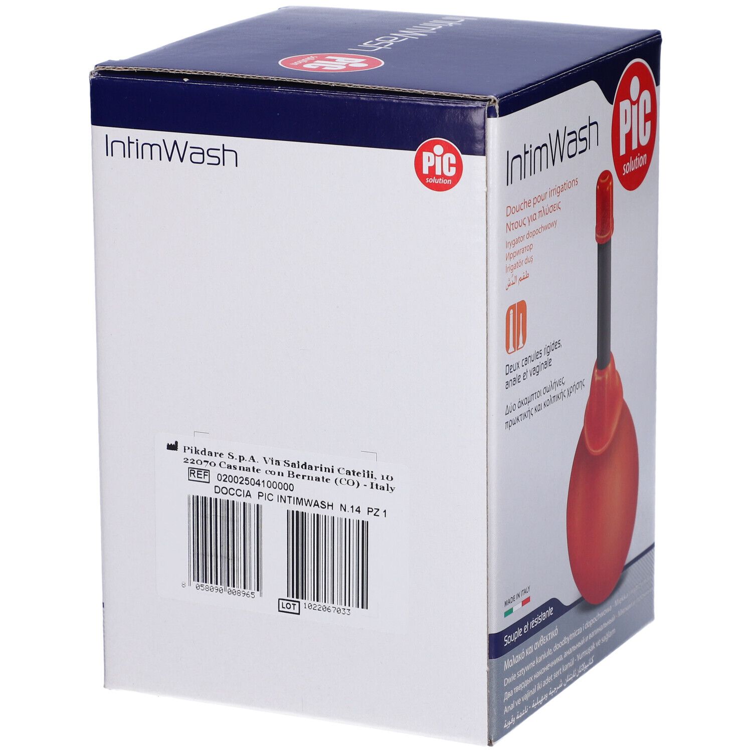 Confezione IntimWash. Irrigatorio arancione, tubo nero, cappuccio rosso. Logo PIC. Vista laterale.