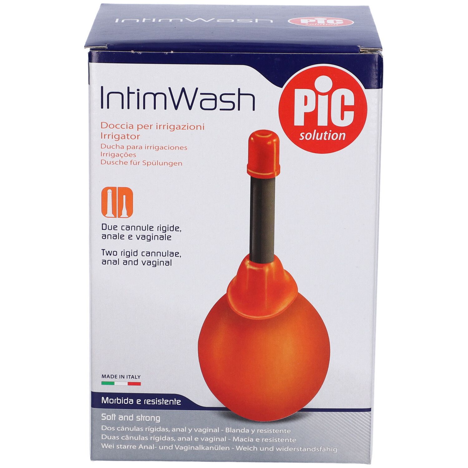 Confezione IntimWash. Irrigatorio arancione, tubo nero, cappuccio rosso. Logo PIC. Vista frontale.